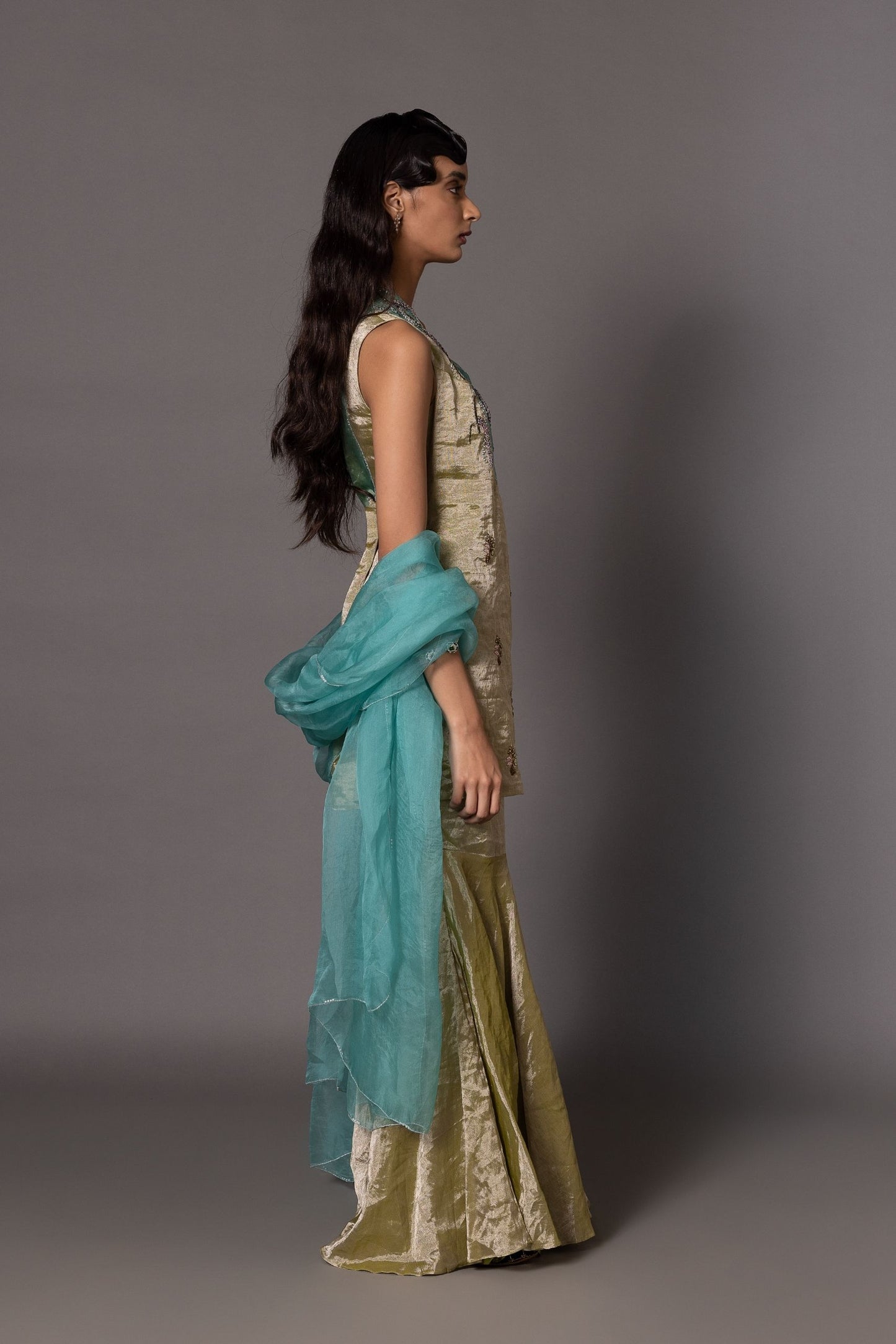 Side View of Gujri Tissue Kurta Set - Modern Design with Gharara Trousers and Organza Dupatta