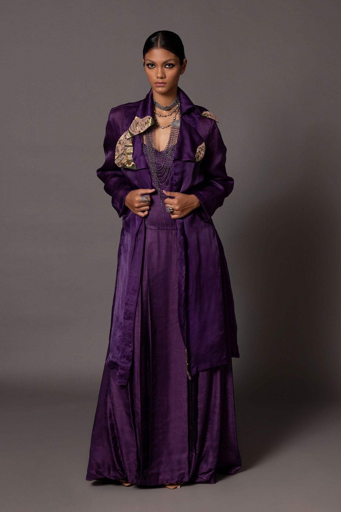 Purple Carpet Jacket with hand-embroidered lapels and Roma purple corset gown with metallic embroidery, a luxurious fashion set from A Humming Way
