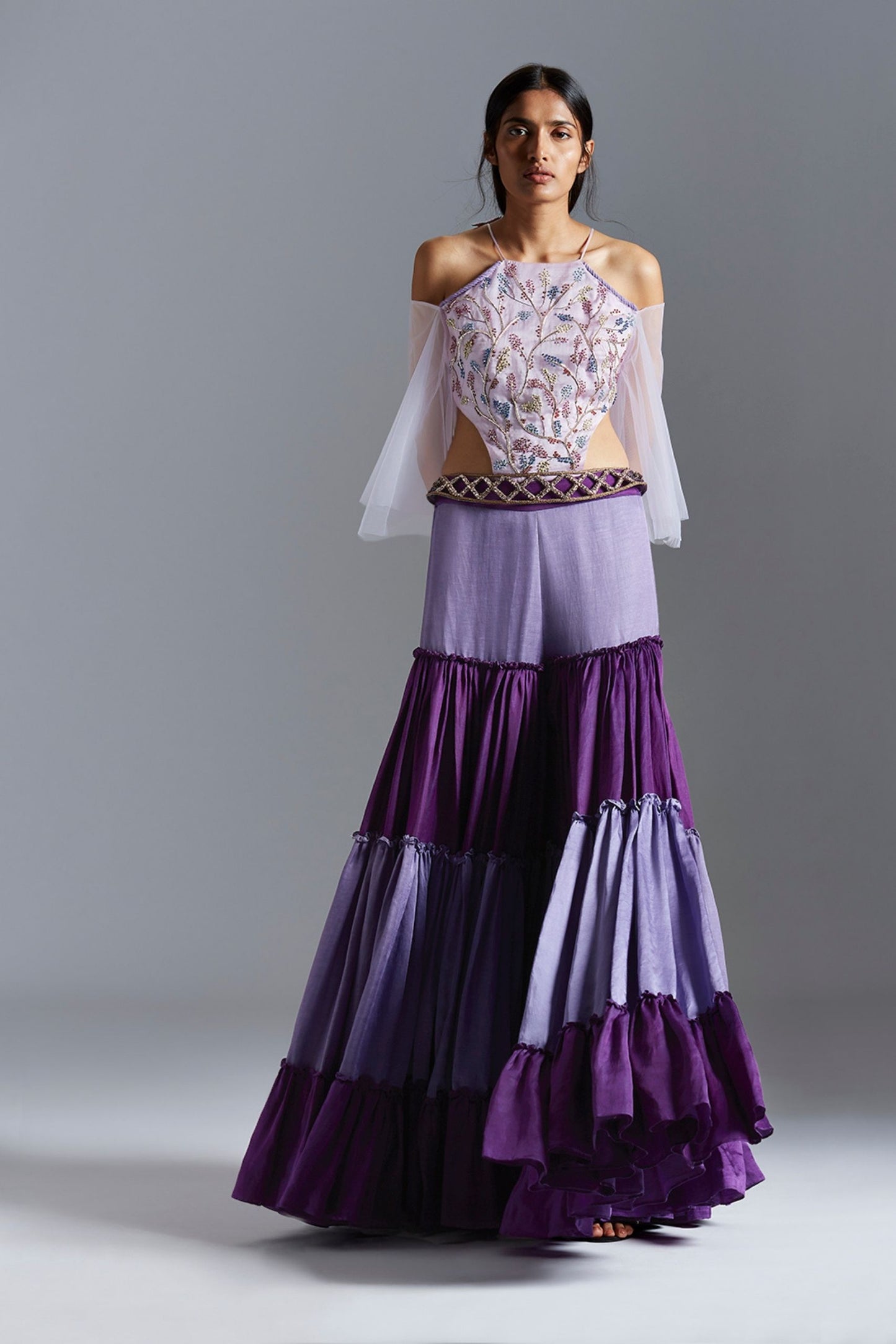 Elegant bodysuit blouse with colorblocked sharara dress for women, handworked with French knot embroidery for a unique, stylish look
