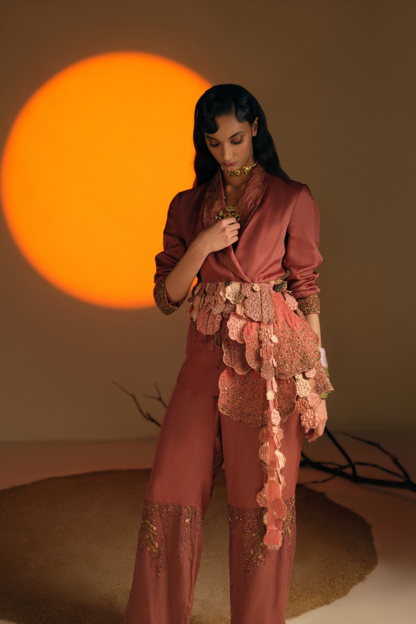 Model Wearing Desert Rose Terracotta Designer Jacket for Women - A Stylish Tailored Look