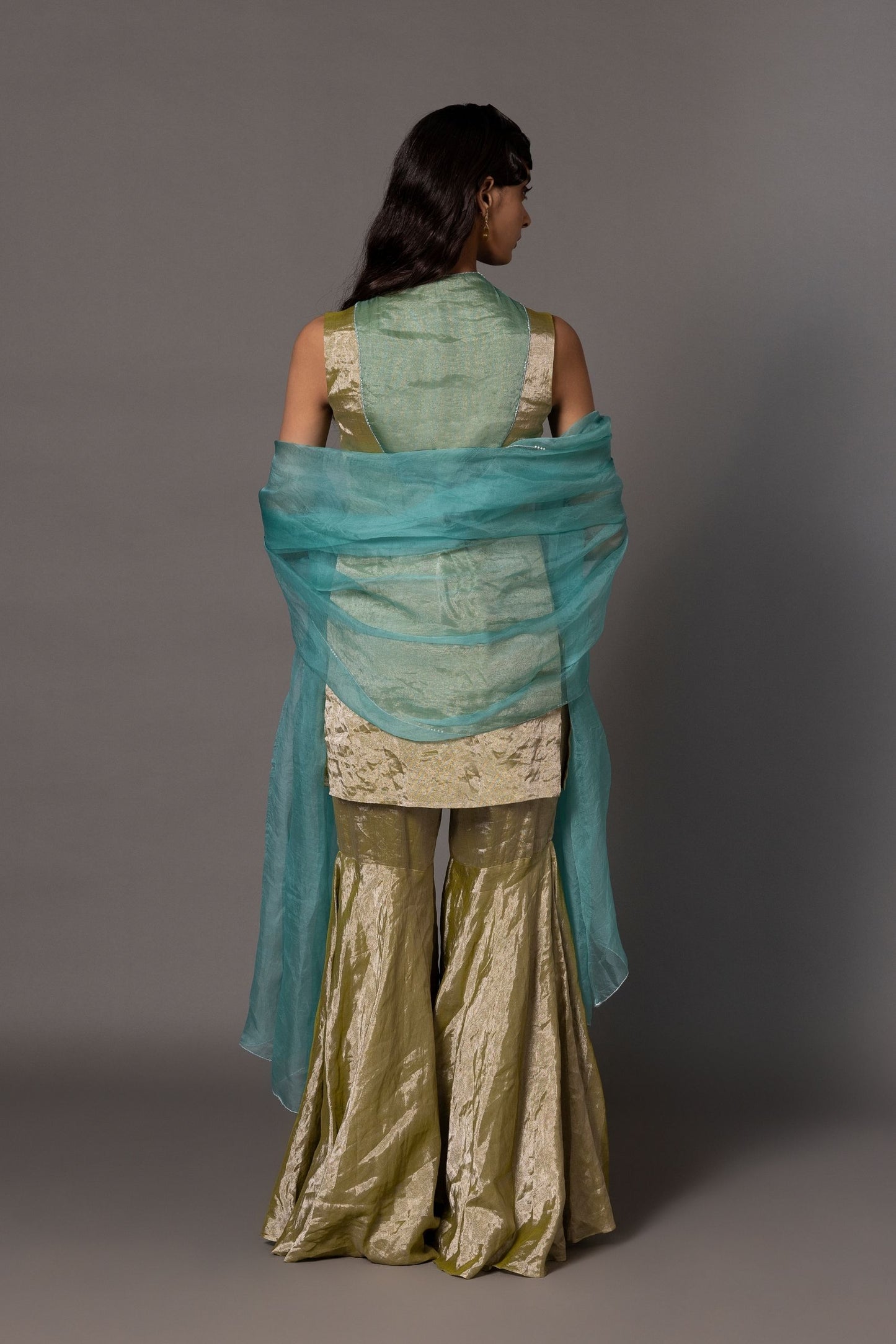 Back View of Gujri Tissue Kurta Set for Women - Featuring Embroidered Detail and Elegant Organza Dupatta