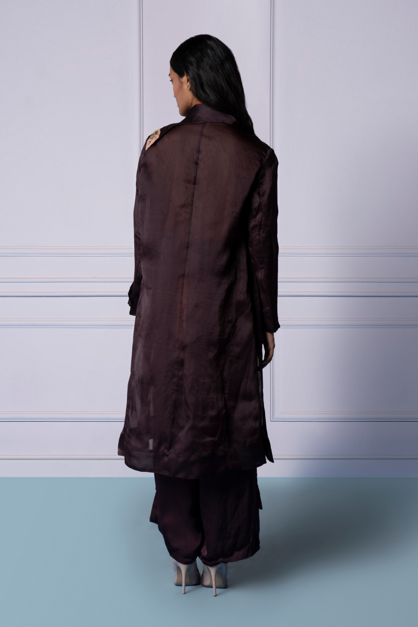 Back View of Stylish Satin Organza Jacket for Women - Featuring Elegant Embroidery and Tailoring