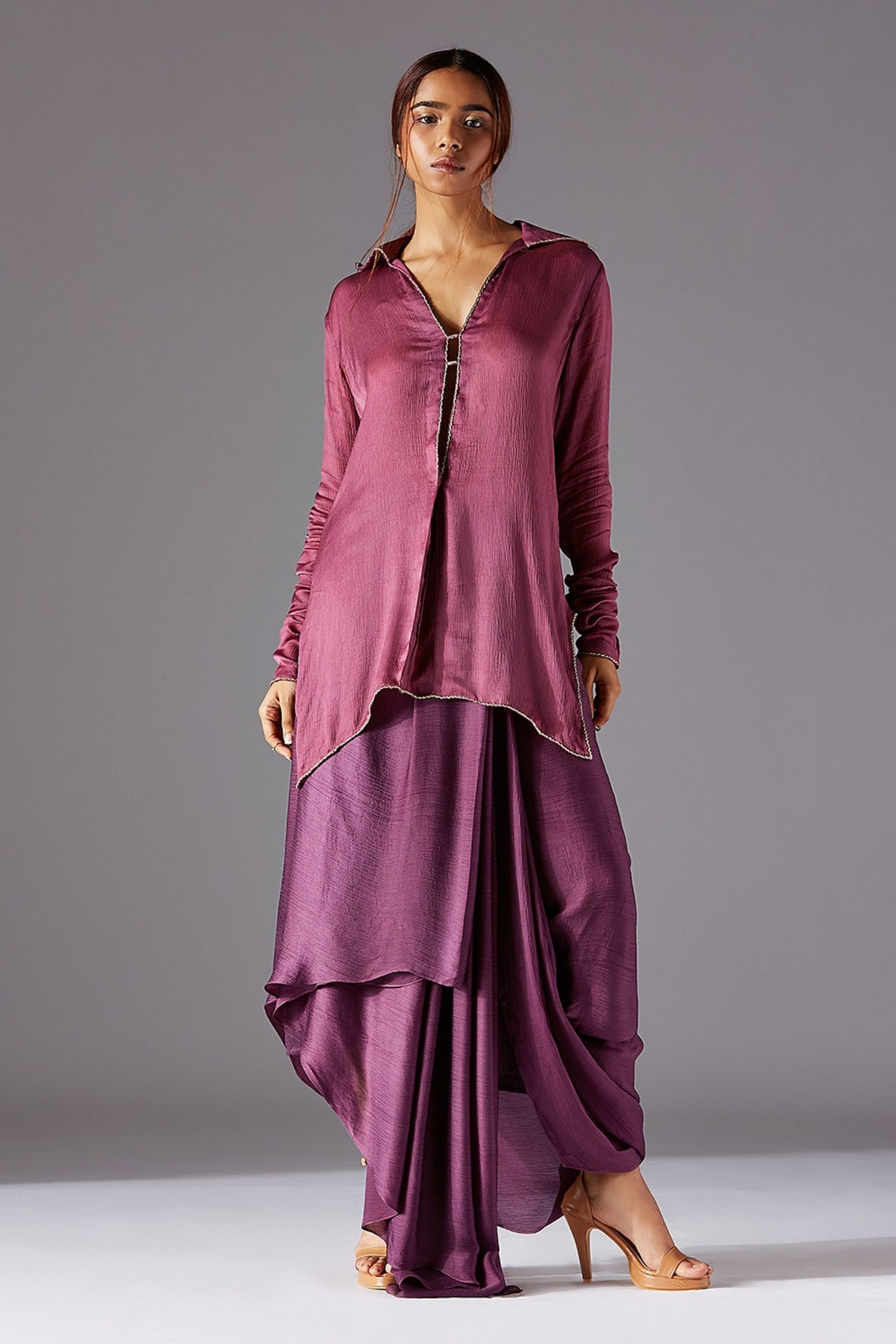 Tree Bark Kurta and Lungi Dhoti Set for Women with Metallic Details and Cowled Draping