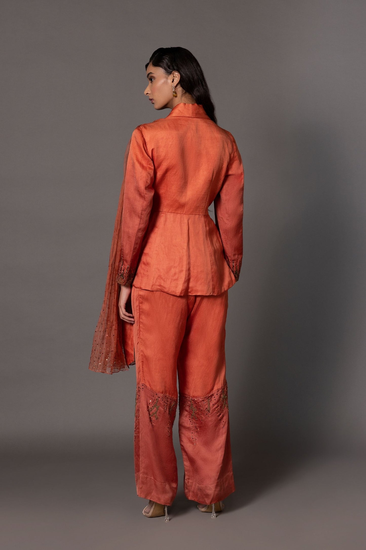 Back View of Hand-Embroidered Gujri Rust Jacket with Matching Trousers