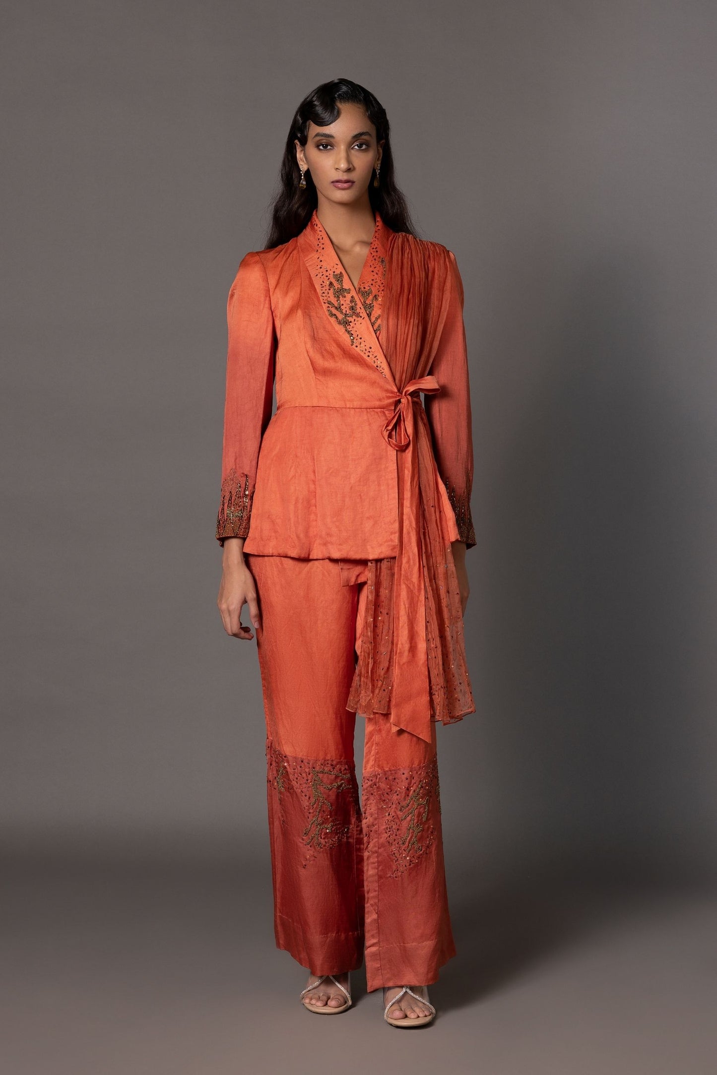 Beaded Rust Jacket with Drapes and Matching Trousers Set for Women - Hand-Embroidered Gujri Rust Jacket