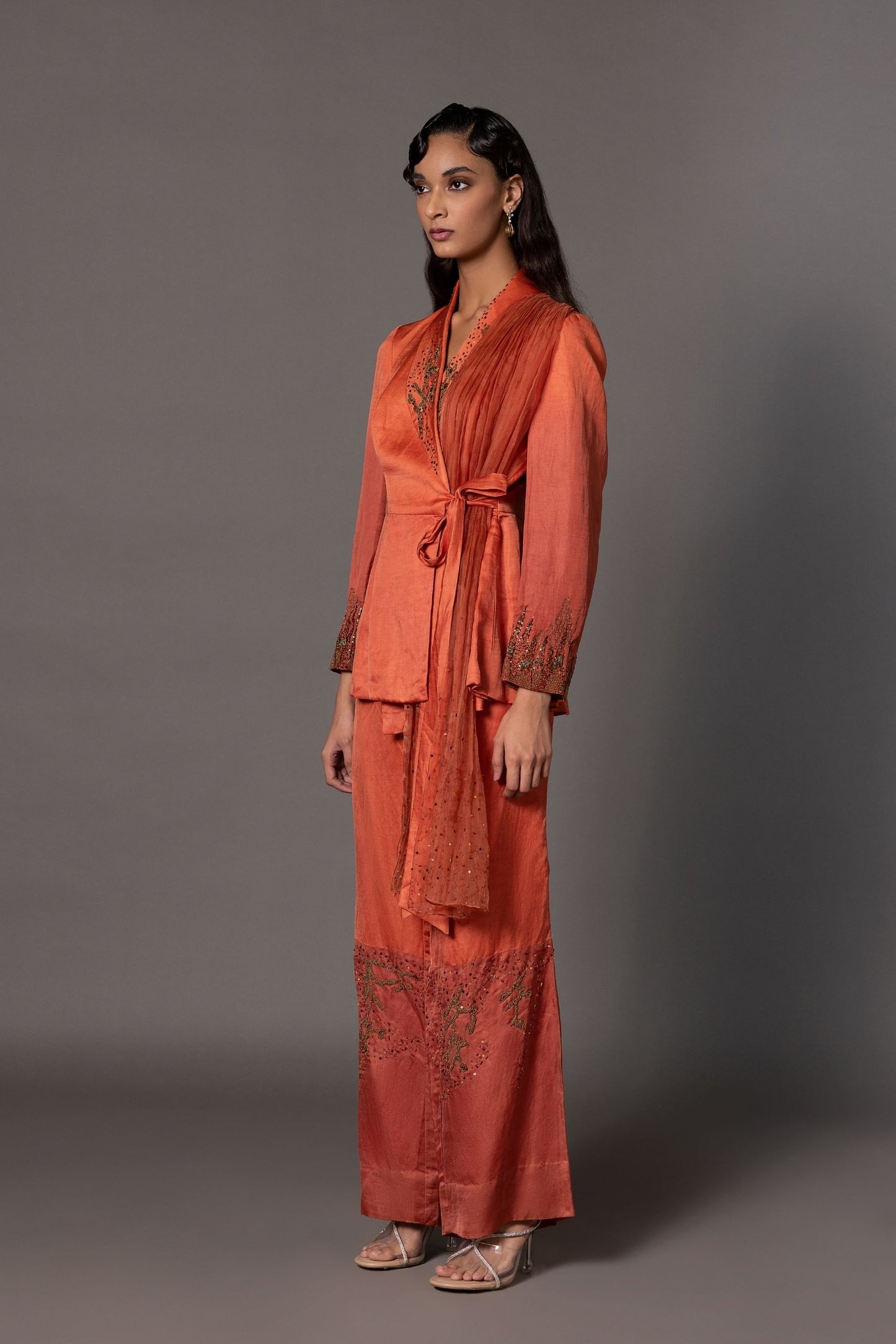 Beaded Rust Jacket and Matching Trousers Set for Women - Hand-Embroidered Gujri Rust Jacket
