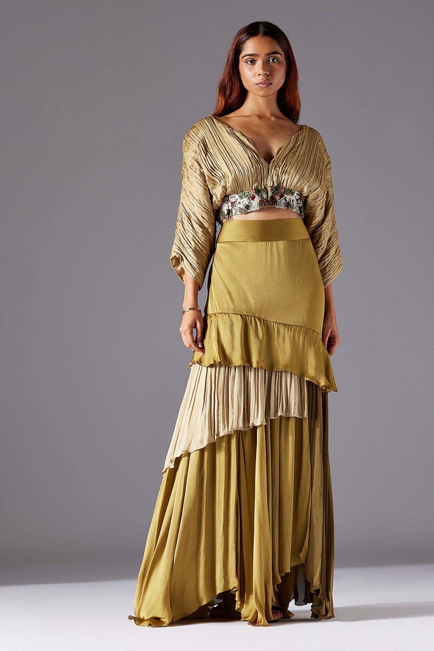 Townscape V-neck Blouse with Jacobean Handwork and Layered Long Skirt Set for Women