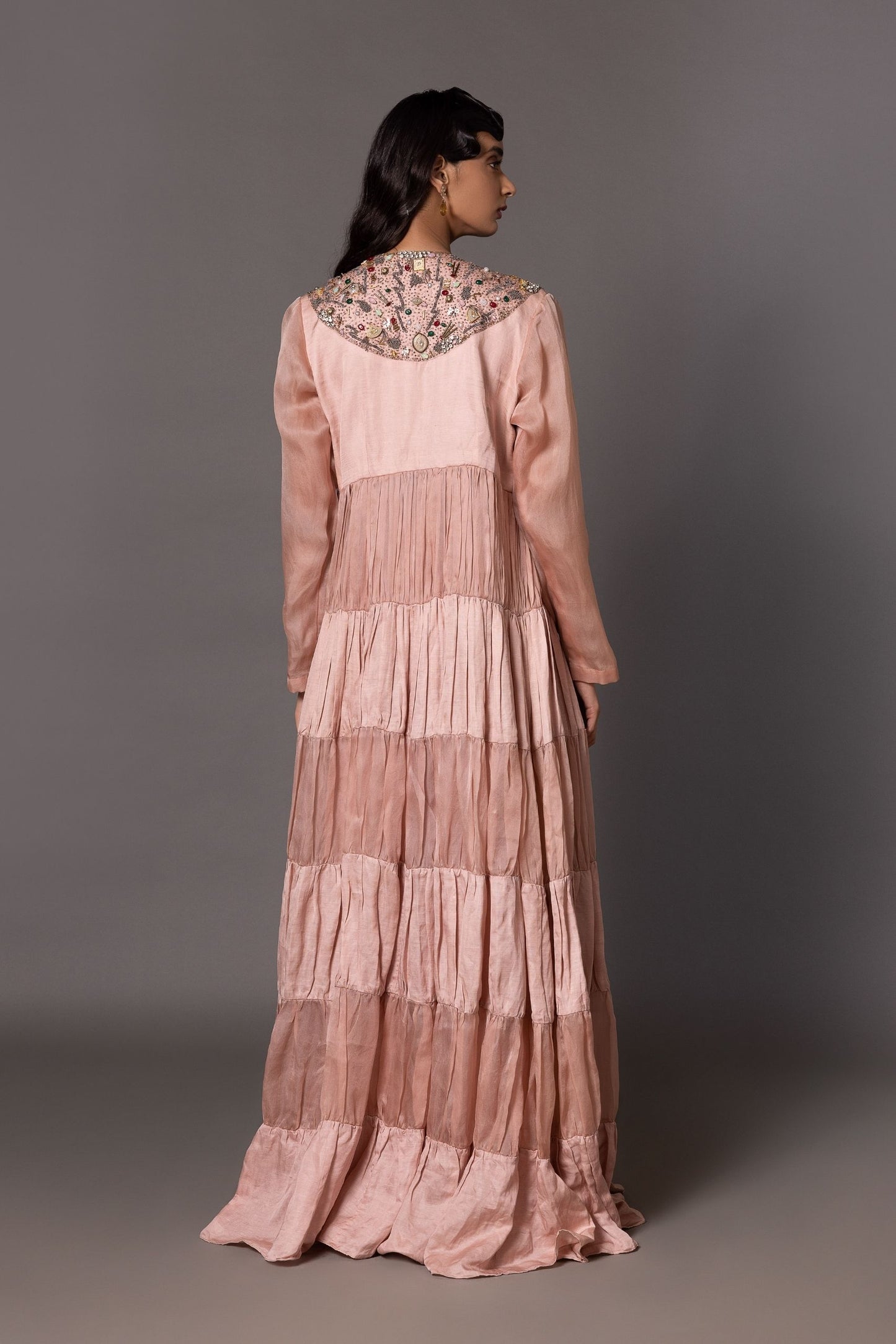 Back View of Long Cape and Long Dress Combo - Luxury Design with Beautiful Embroidery Details