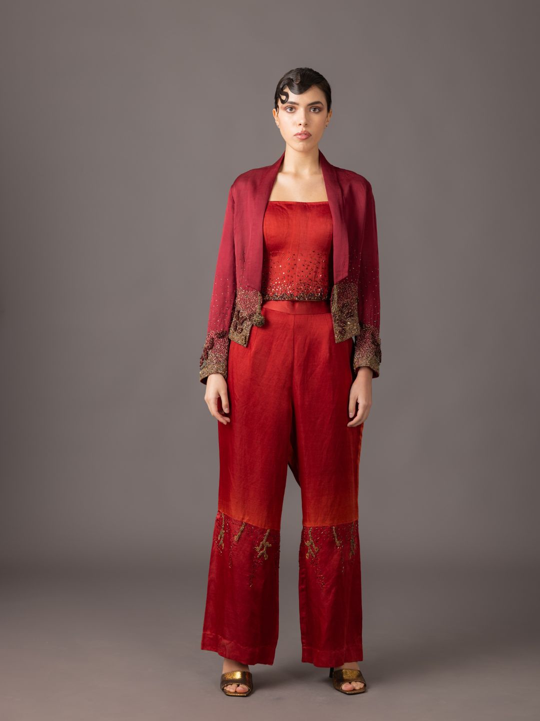 Maroon Tuxedo Jacket & Corset Set with 3D Hand Embroidery - Luxury Linen Satin Outfit for Women