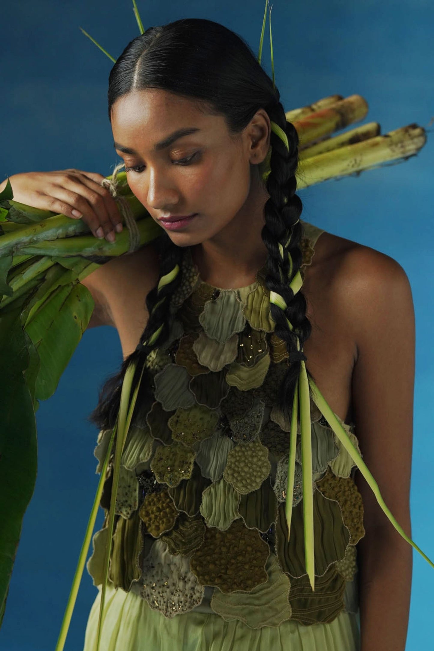 Stylish designer top with intricate leaf handwork, perfect for women seeking modern elegance and couture-inspired details by A Humming Way