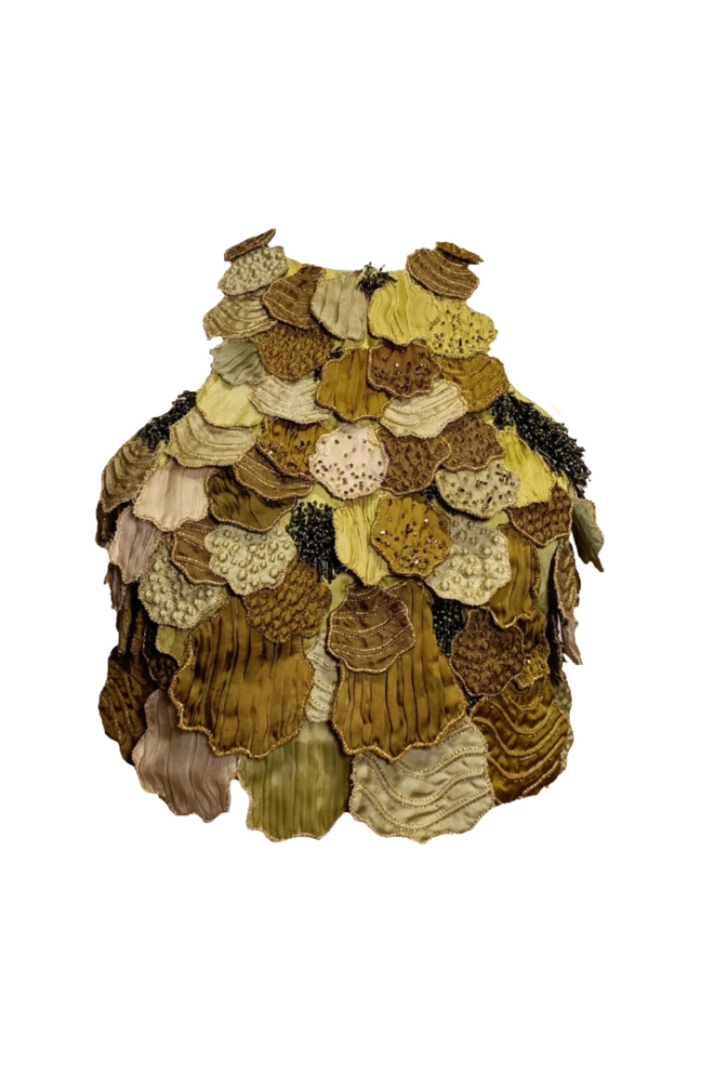 Detailed view of the intricate leaf handwork on the designer top, highlighting fine craftsmanship