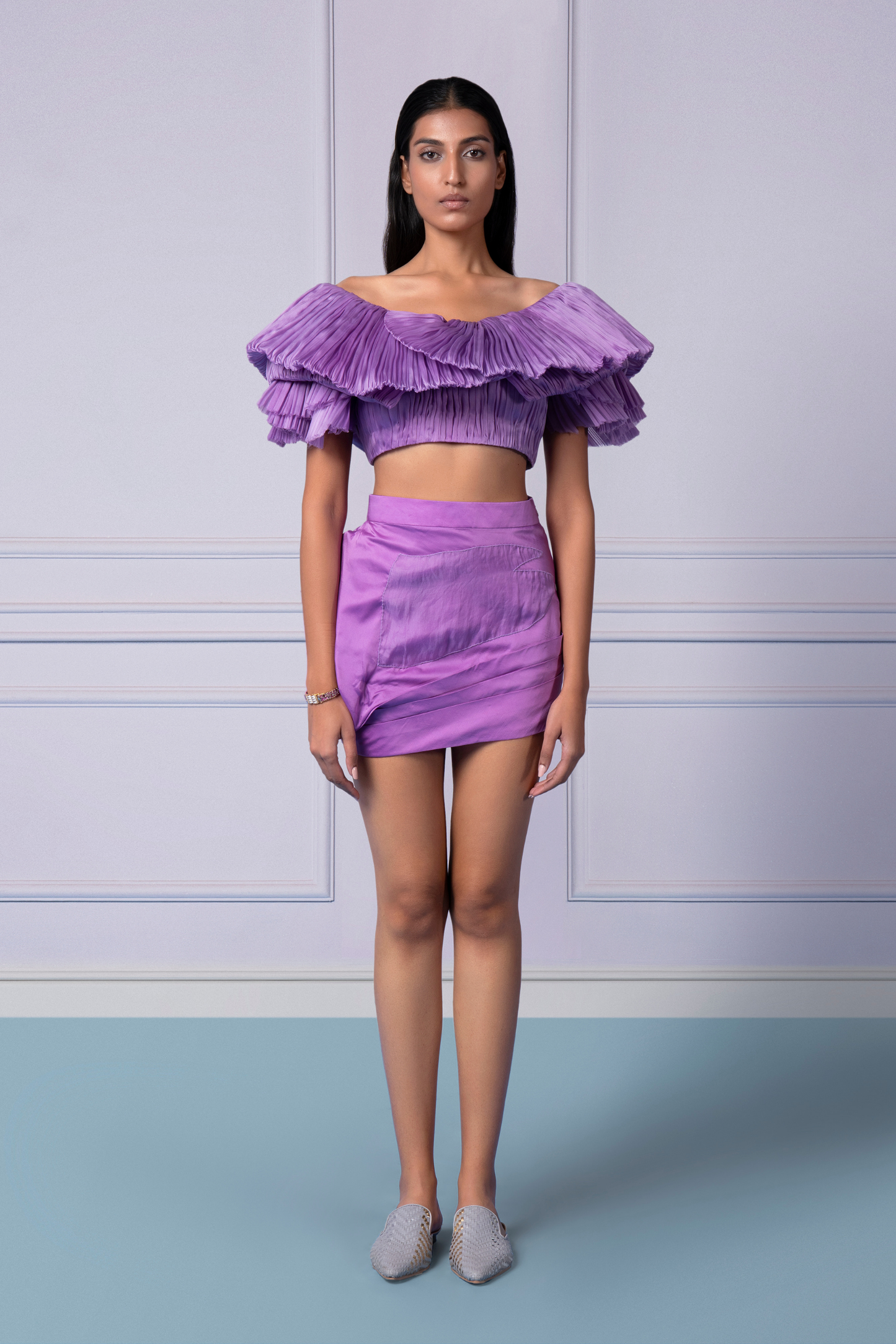Elegant crop top and rose-adorned skirt set for women, perfect for party wear