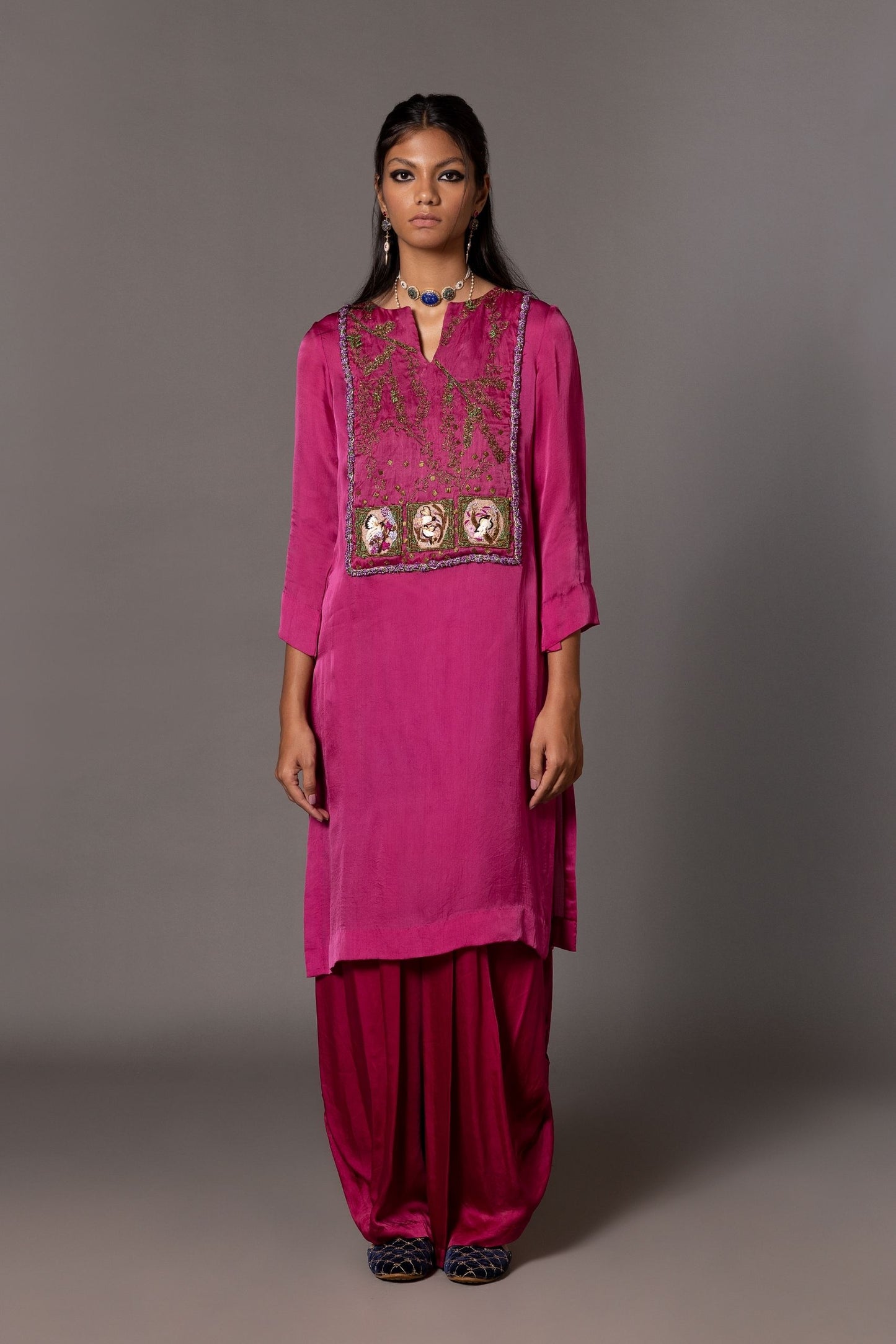 Iris Bird Kurta Set for Women - Intricate Hand-Embroidered Birds and Dhoti Trousers, Stylish Designer Kurta