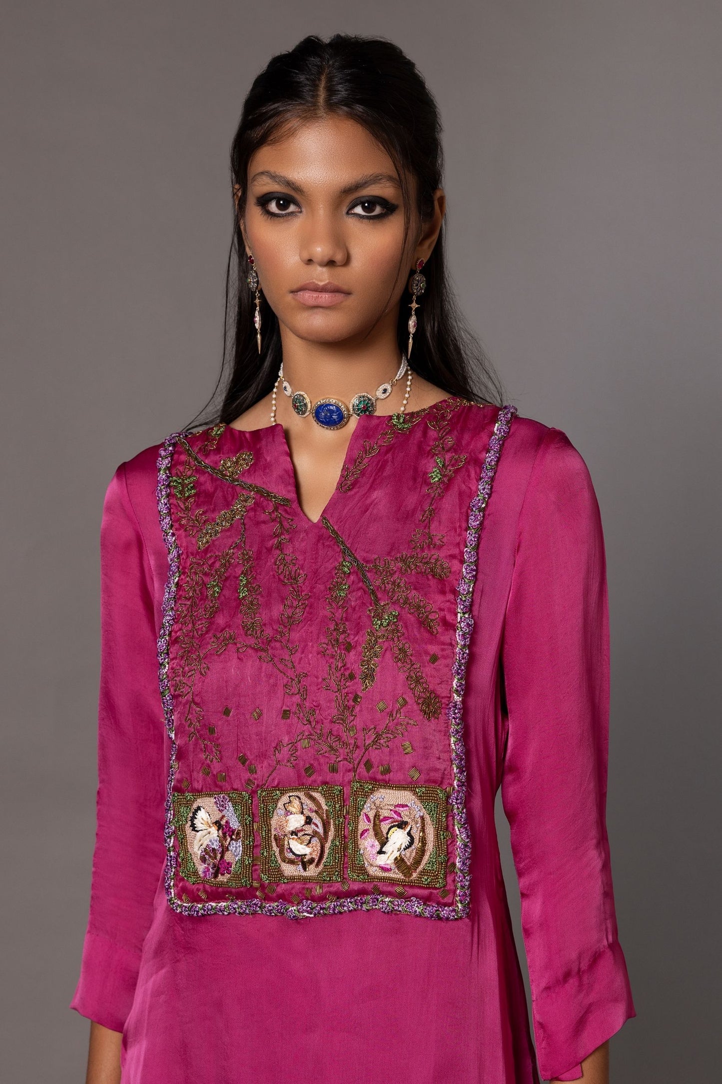 Close-up of Hand-Embroidered Birds on the Iris Bird Kurta Set