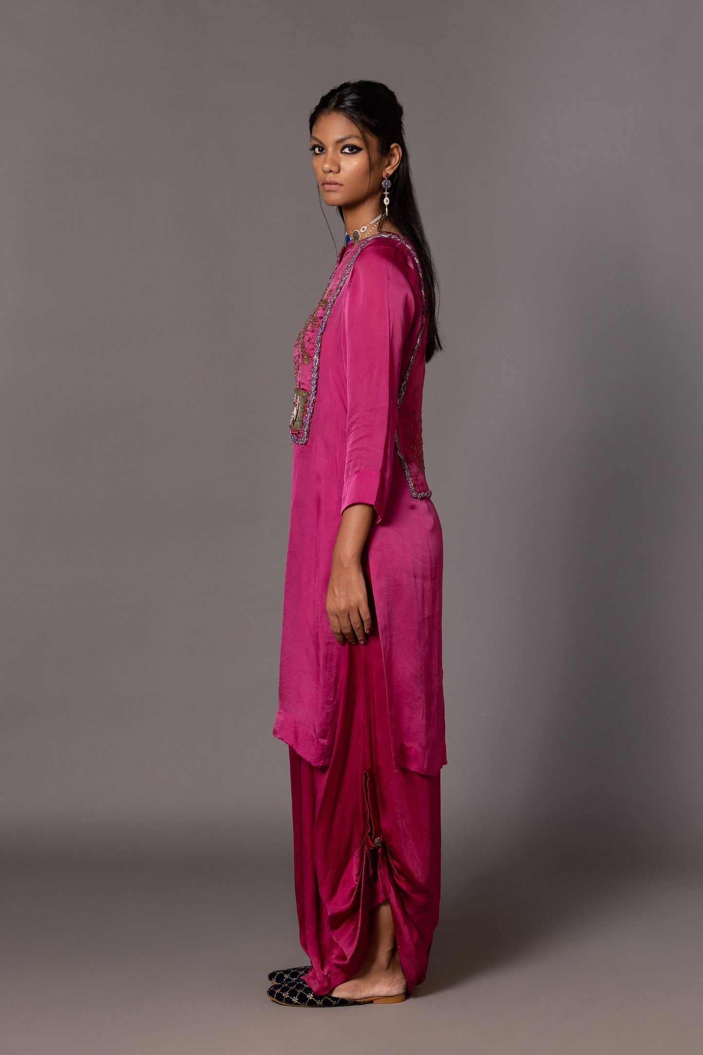 Side View of Iris Bird Kurta Set for Women, Featuring Intricate Embroidery and Dhoti Trousers