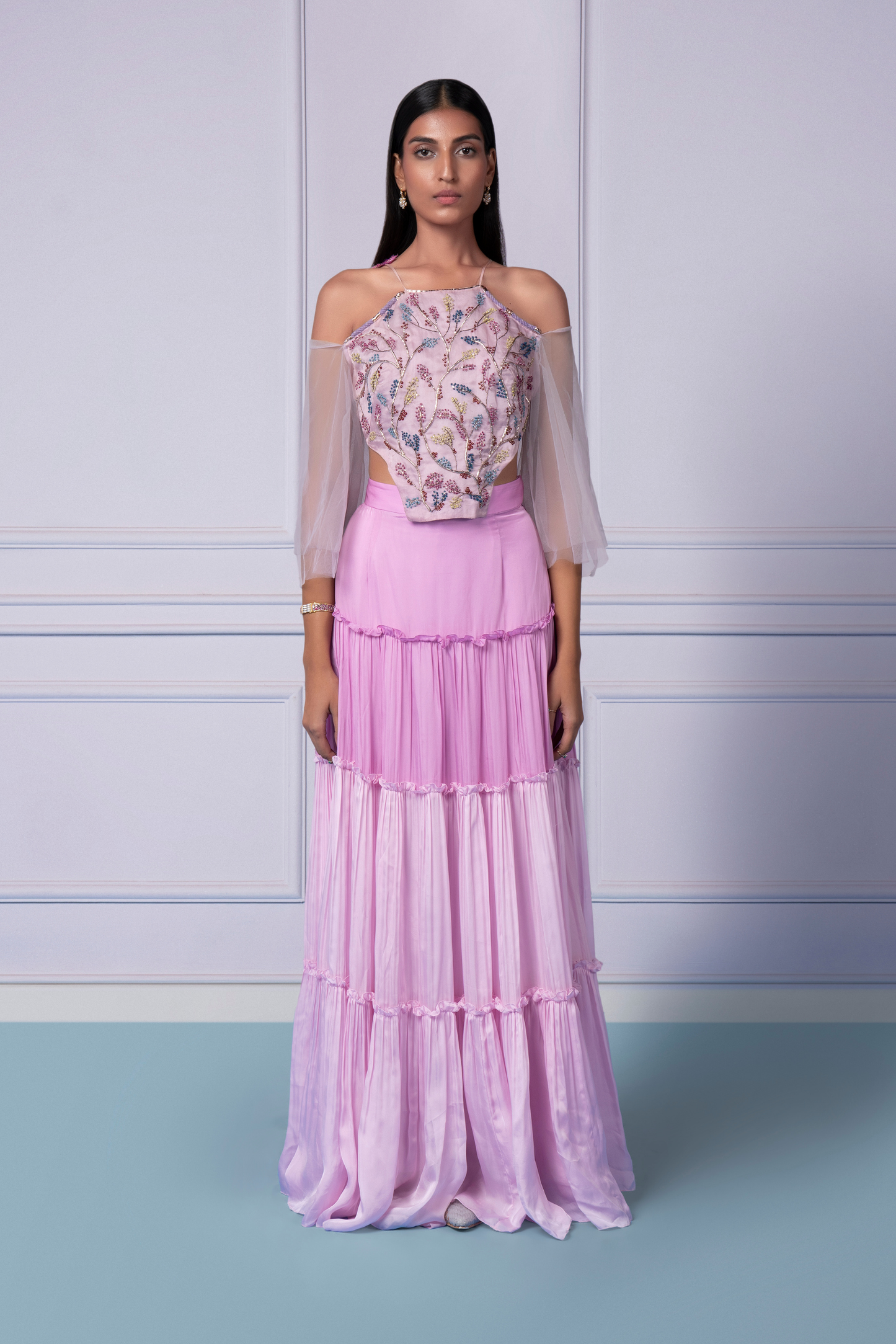 Eden lehenga set for women featuring floral embroidery and tiered skirt, a stunning and elegant lehenga for festive occasions