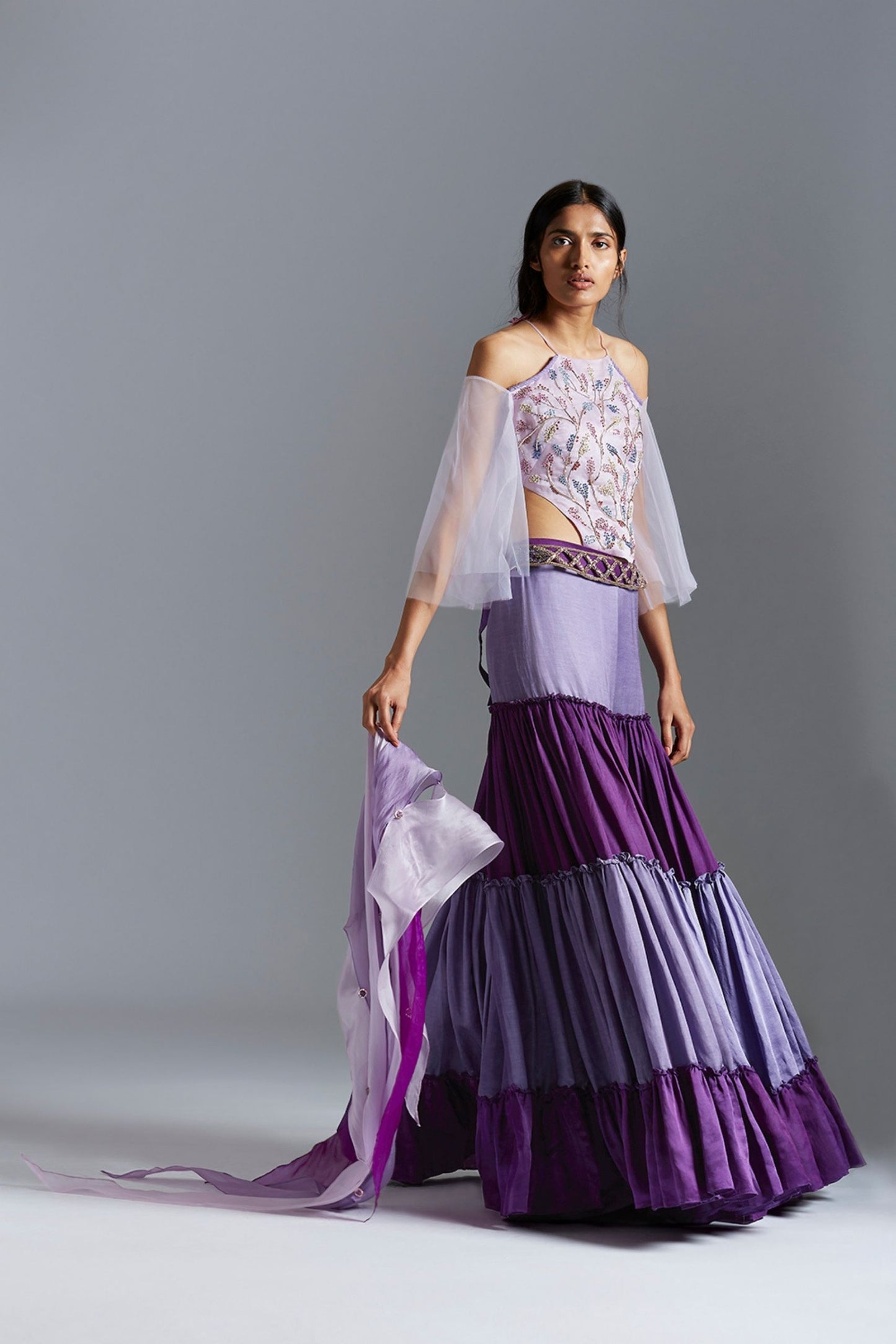 Bodysuit blouse with colorblocked sharara dress for women, featuring French knot embroidery for an elegant, modern design