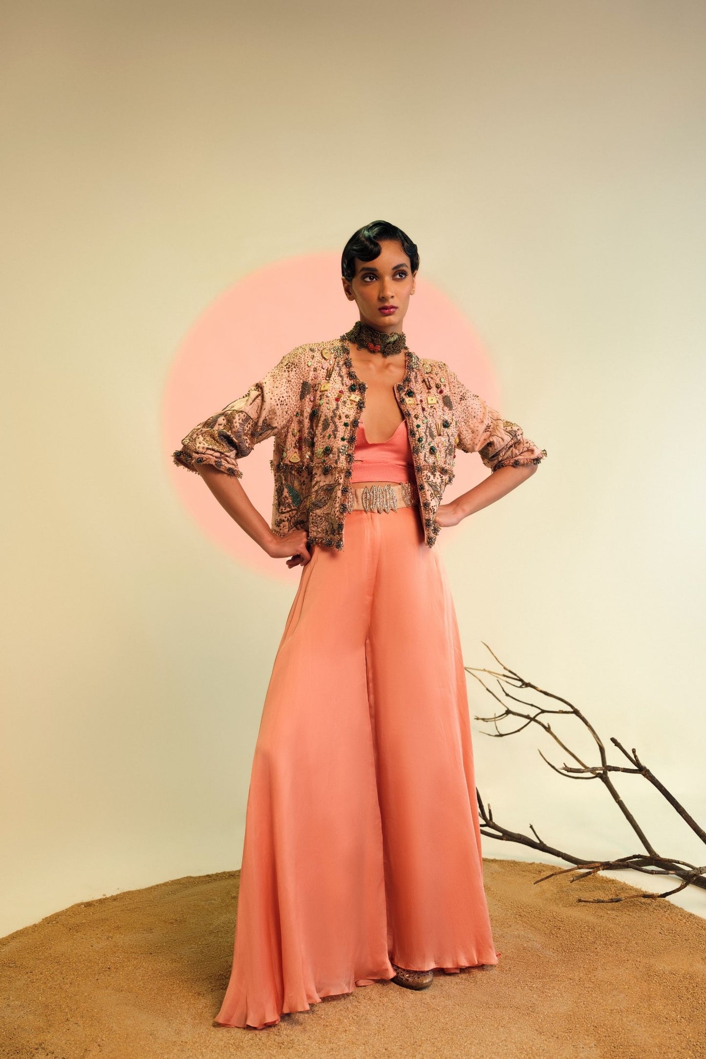 Stylish Jacket, Blouse, and Pant Set for Women with Embroidered Jacket, Natural Stones, Chic Blouse, and Flared Pants in Luxe Satin