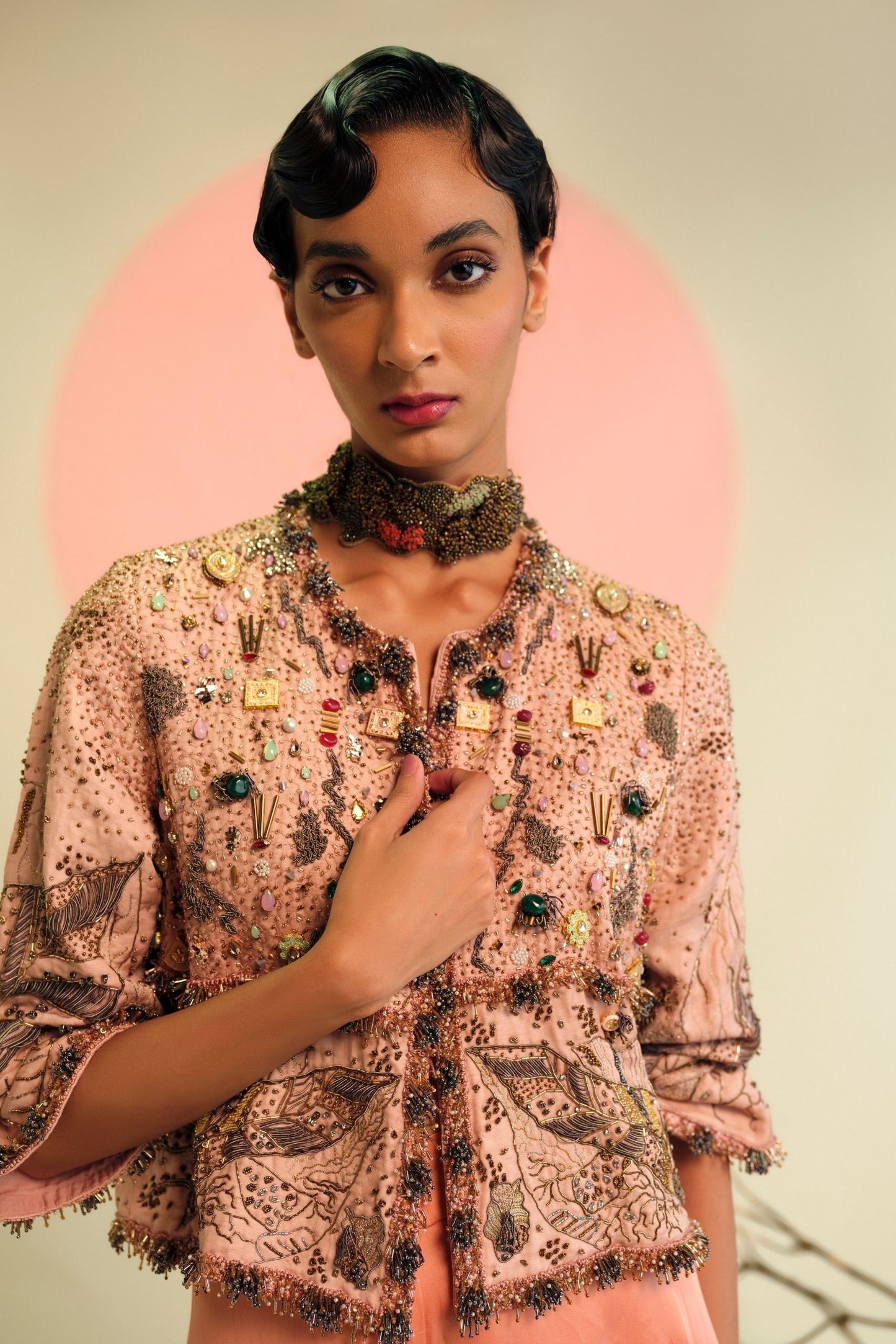 Close-up of Embroidered Jacket with Natural Stones from Stylish Jacket, Blouse, and Pant Set for Women