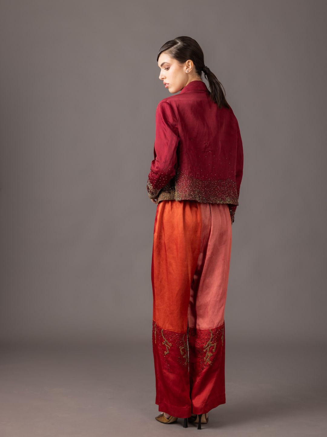 Back View of Maroon Tuxedo Jacket with Hand Embroidery - Sophisticated Women's Outfit