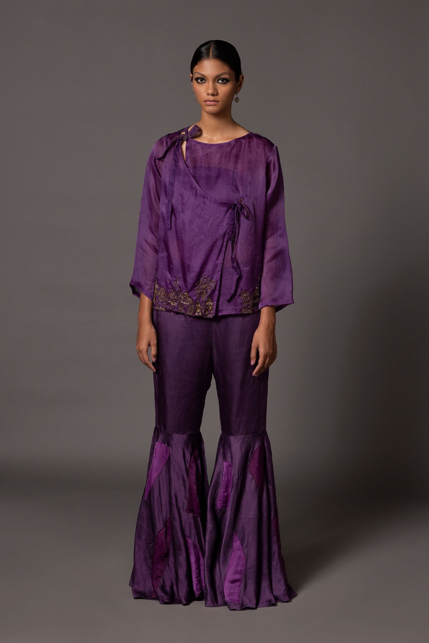 Purple Pichola Angrakha top set with Jaipur-inspired metallic embroidery, paired with color-blocked gharara pants from A Humming Way
