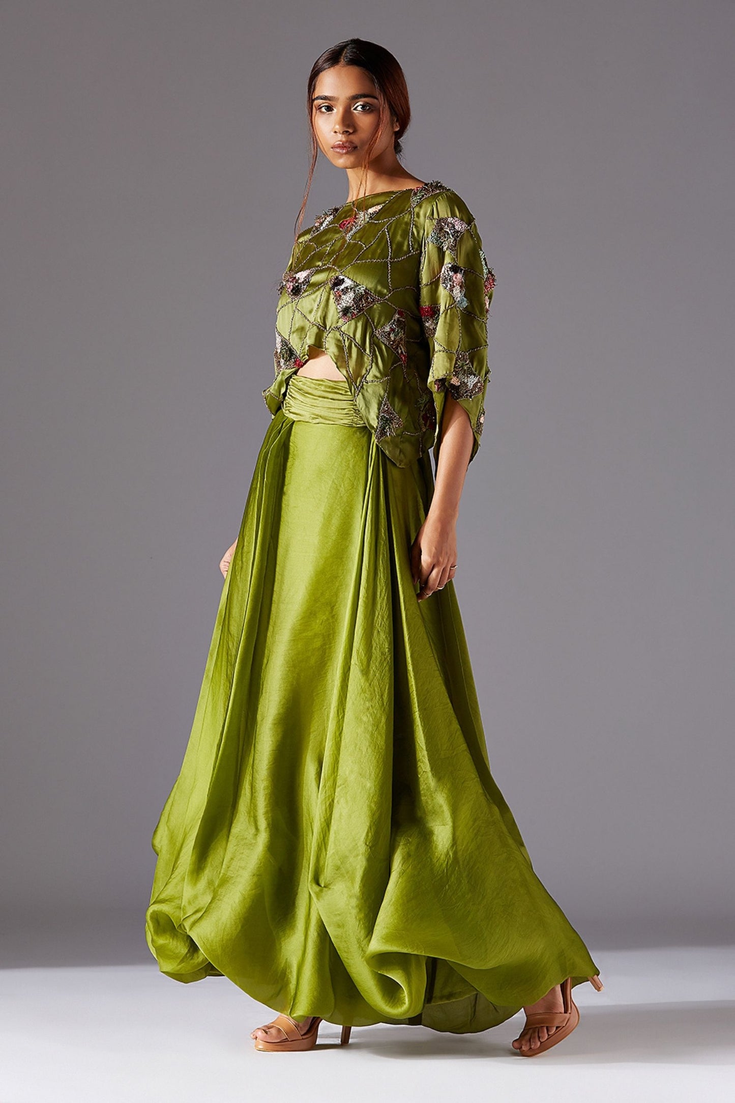 Green Satin Crop Top & Draped Skirt Set with Hand Embroidery - Perfect Party Wear for Women