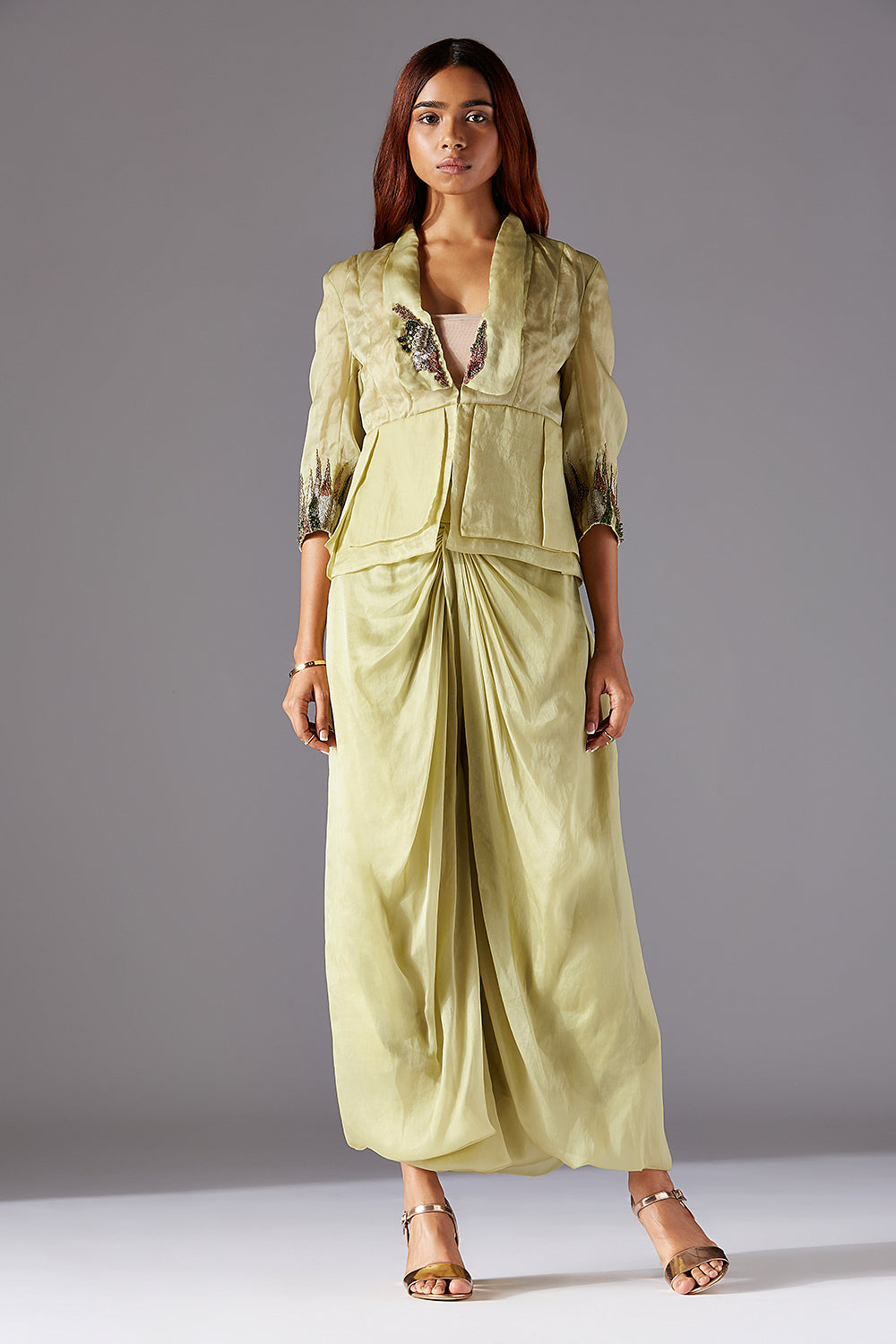 Embroidered Victorian Jacket and Cowled Pants for Women Featuring Jacobean Handwork and Elegant Organza Details - A Humming Way