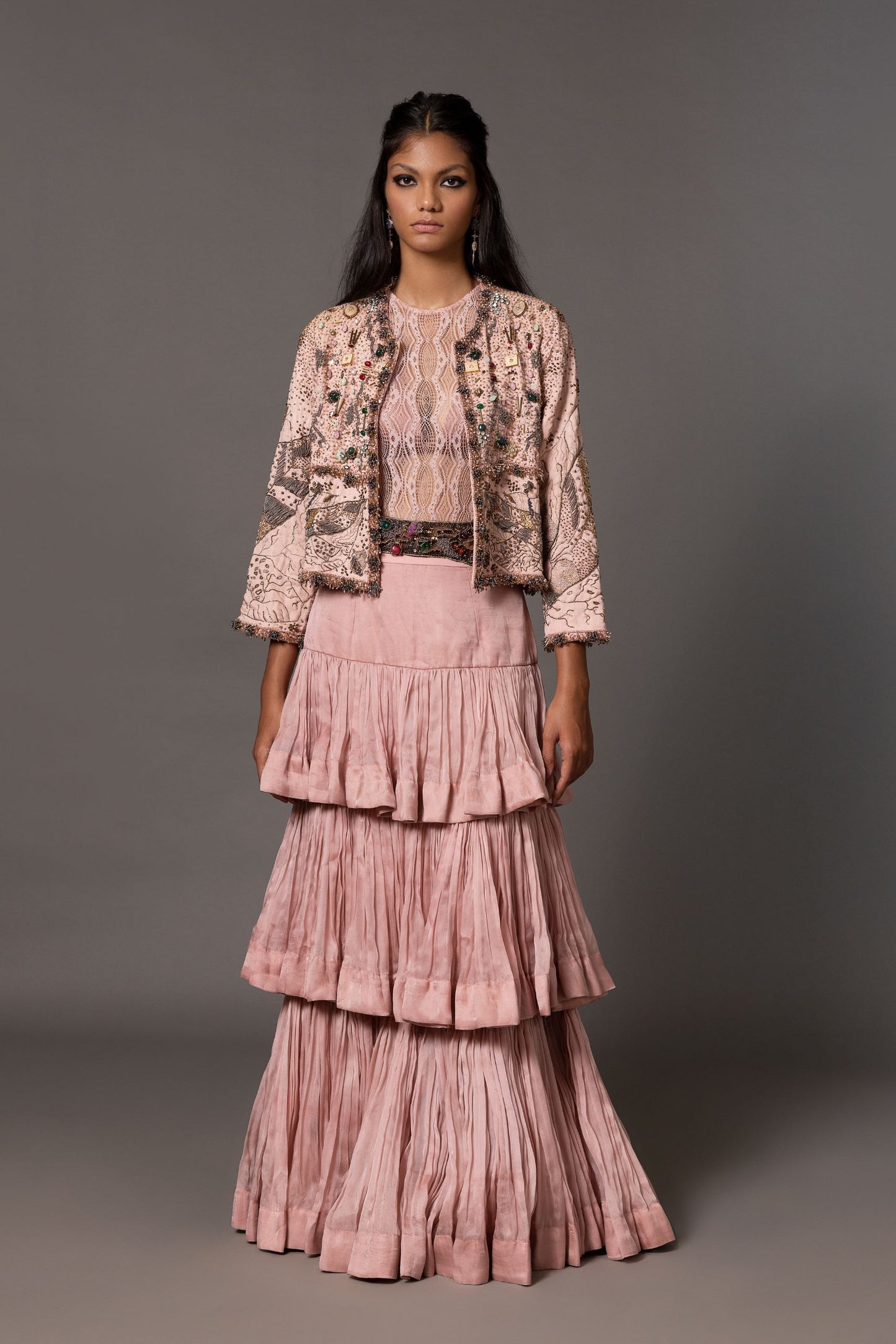Sang-e-Sitara Pink Jacket with multimedia embroidery, paired with a Chand Baori lehenga skirt, perfect designer lehenga set for women’s party wear