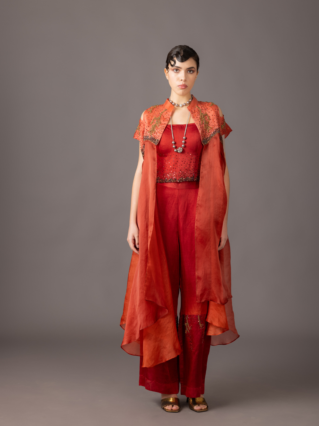 Desert Rose Corset, Trousers & Satin Organza Cape Set with 3D Hand Embroidery - Elegant Designer Wear for Women