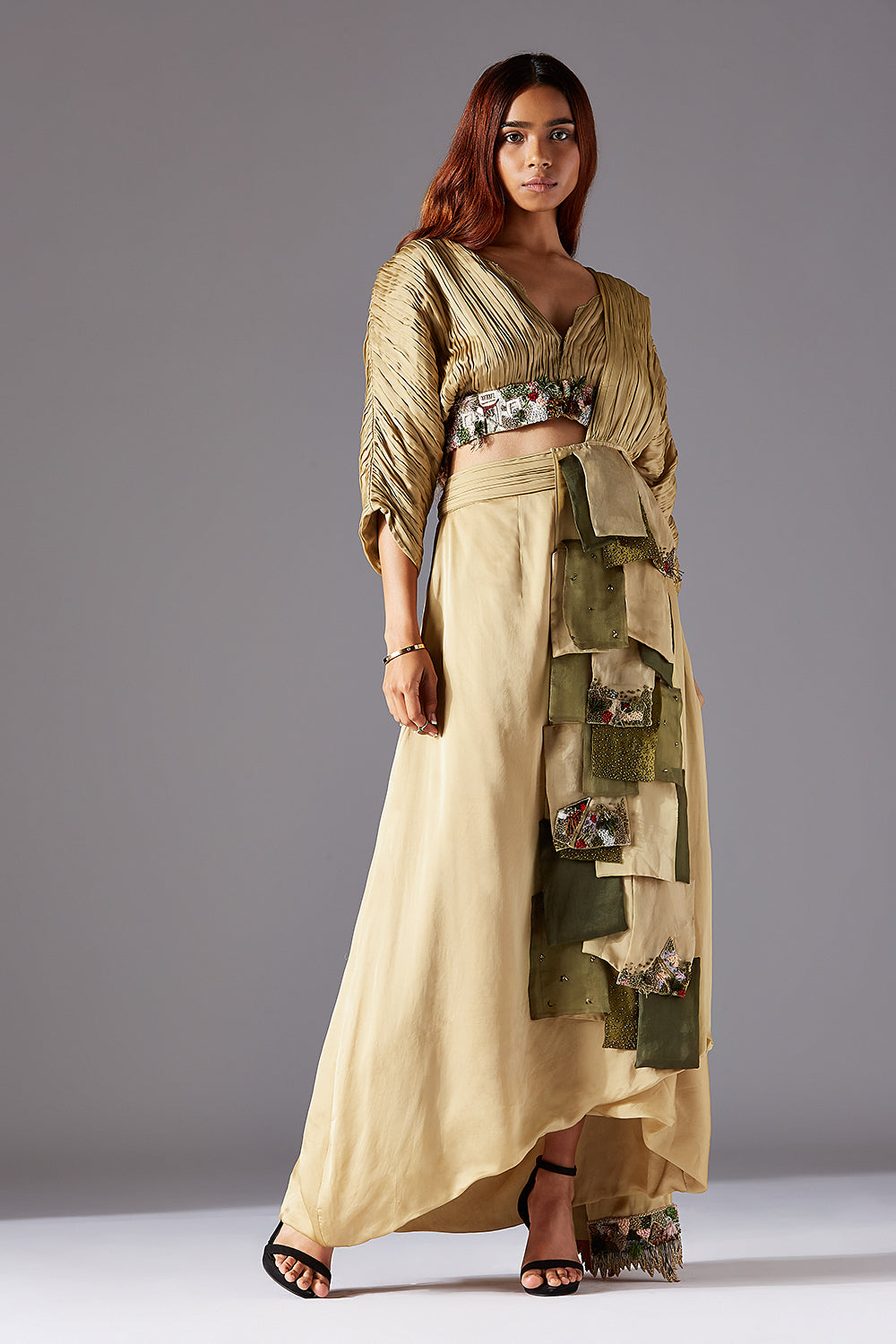 Townscape Saree-Skirt Set with Embroidered Skirt and Ruching Blouse Featuring Jacobean Handwork