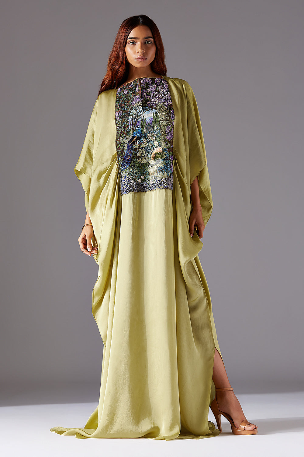 Elysian Landscape Kaftan for Women with Jacobean Handwork, Pleated Waist, and Side Slits