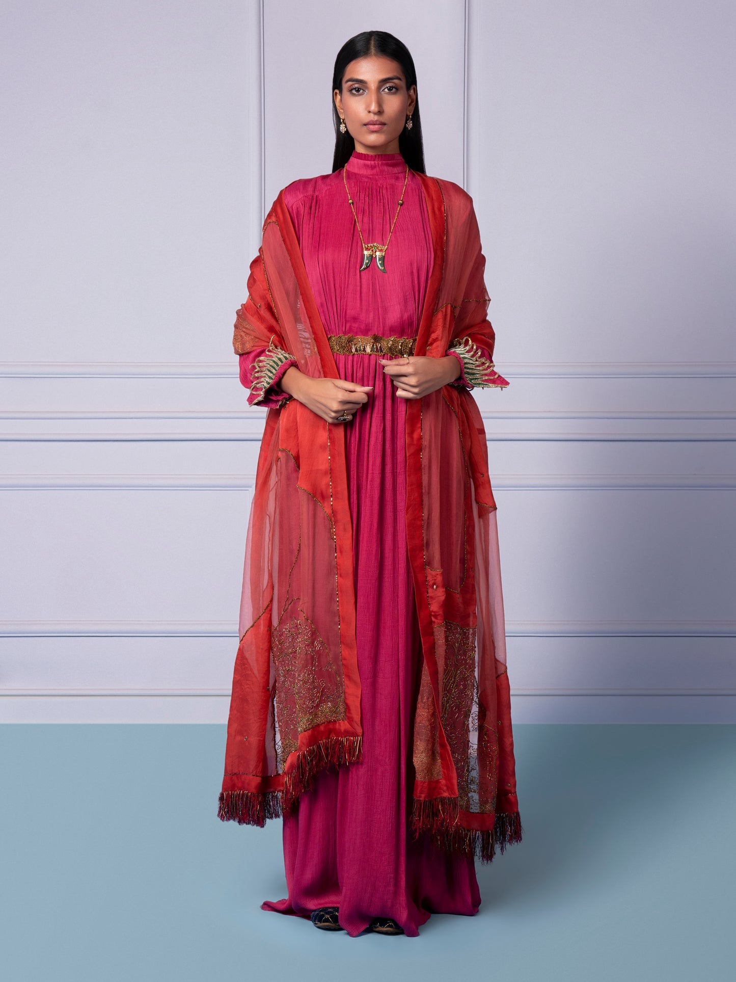 Rumi Pink Couture Gown for Women with Embroidered Dupatta for Elegant Dressing