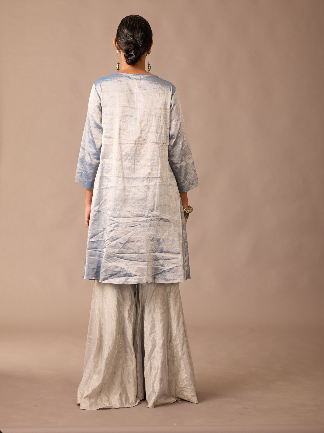Back View of Peacock Metallic Tissue Kurta with Sharara - Designer Embroidered Women's Outfit