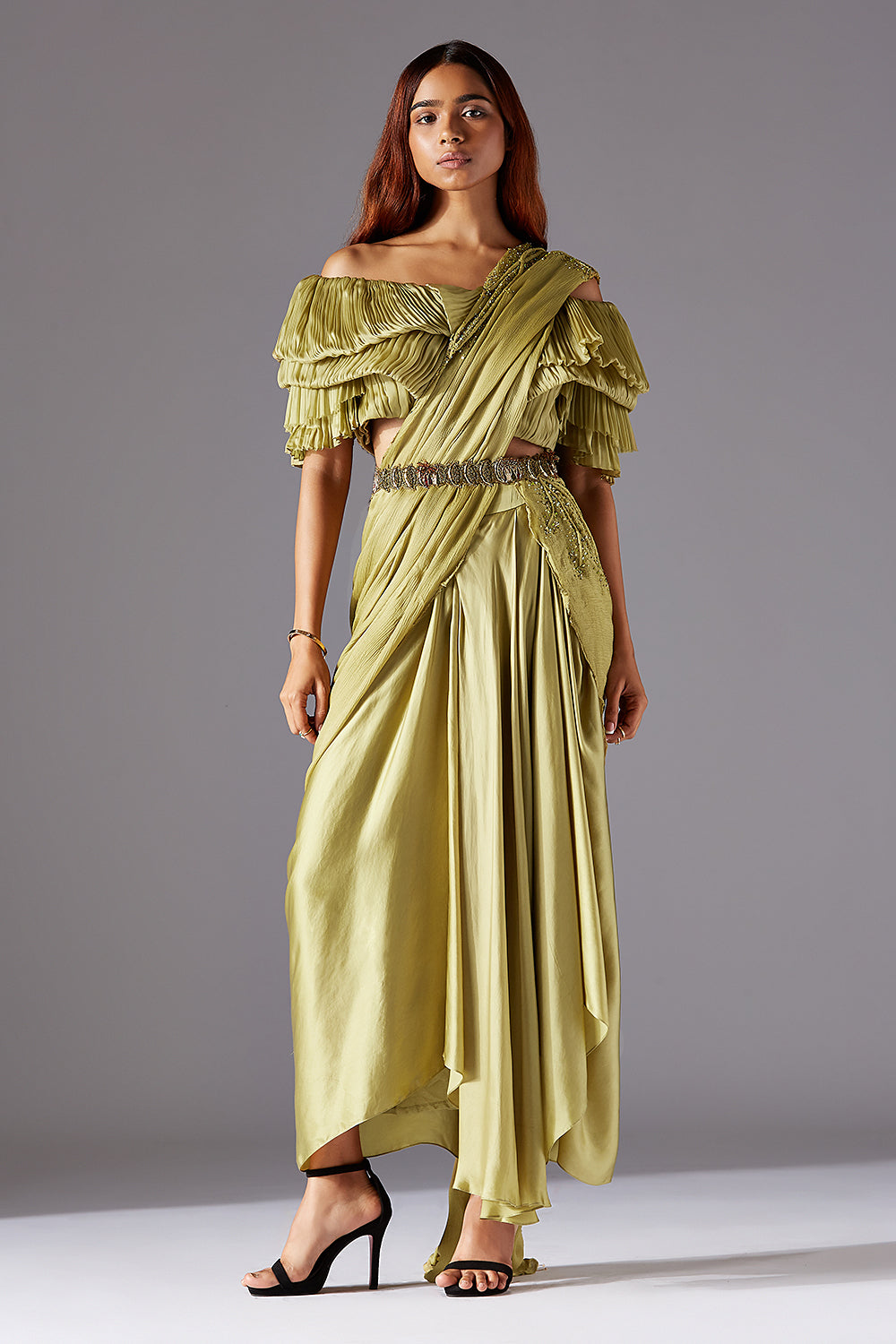 Gill Fungi Modern Blouse and Dhoti Set for Women with Hand Embroidery, Ruching, and Metallic Belt