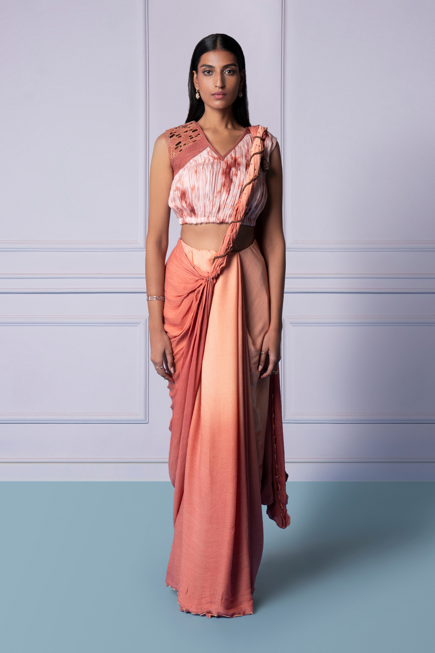 Razor Back ruching top with multi-hued saree and 3D details, a stylish and modern Indian top saree set for women
