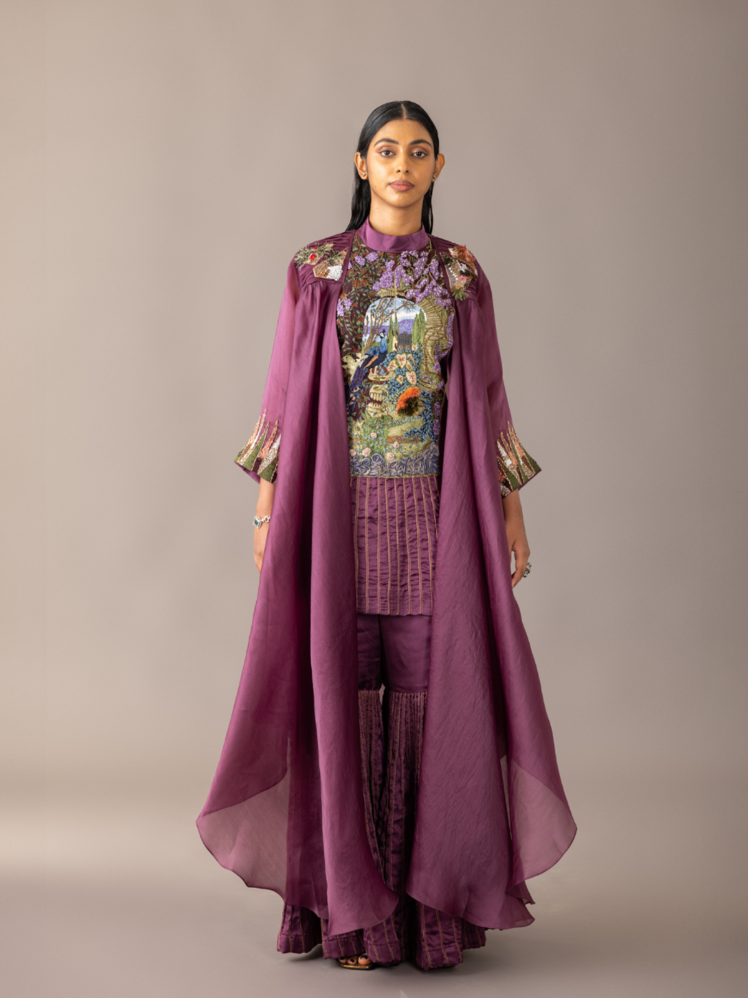 Wine Hamada Kurta Set - Elegant cape-style design, ideal for women’s festive wear.
