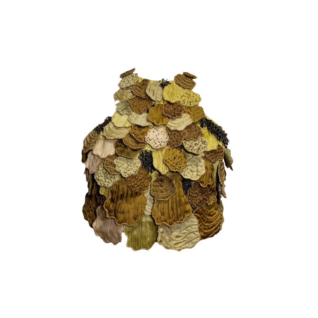 Close-up of 3D Hand-Embroidered Leaves Detail on Satin Organza Designer Women's Top