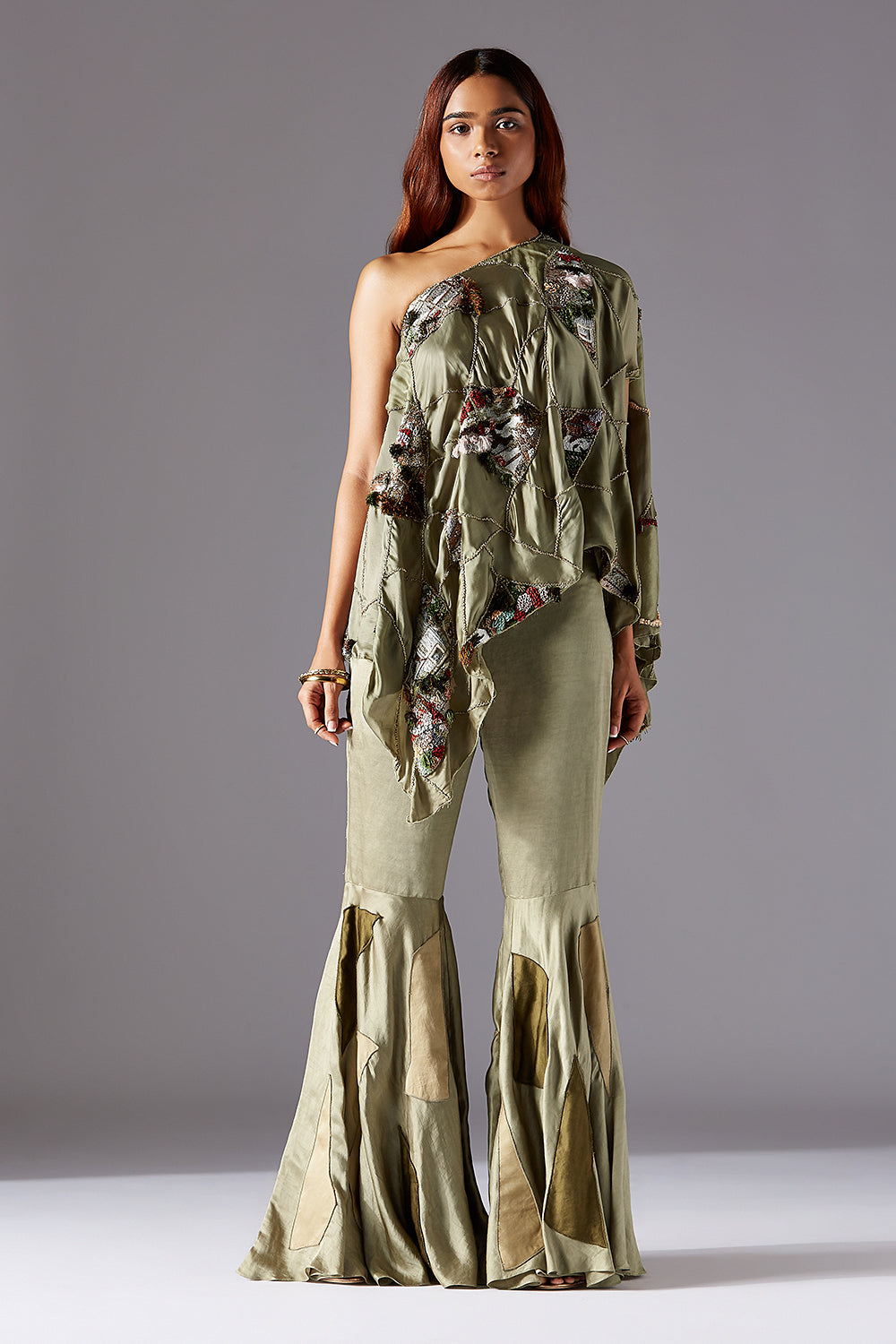 One Shoulder Cape with Jacobean Handwork & Designer Sharara Dress for Women with Luxury Style