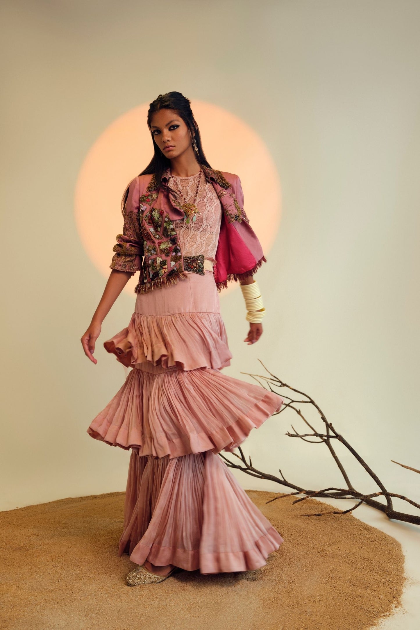 Dusty Pink Skirt and Jacket Set for Women with 3D Metallic Embroidery and Ruched Skirt