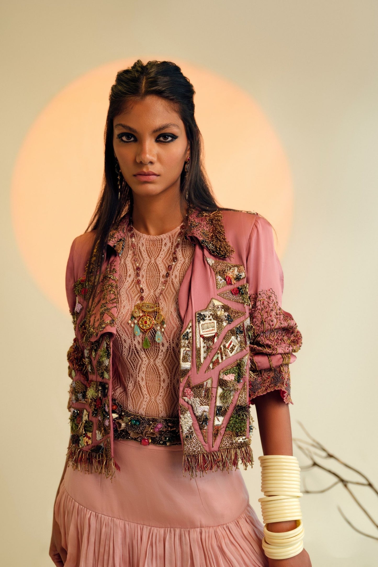 Close-up of 3D Metallic Embroidery on Jacket of Dusty Pink Skirt and Jacket Set
