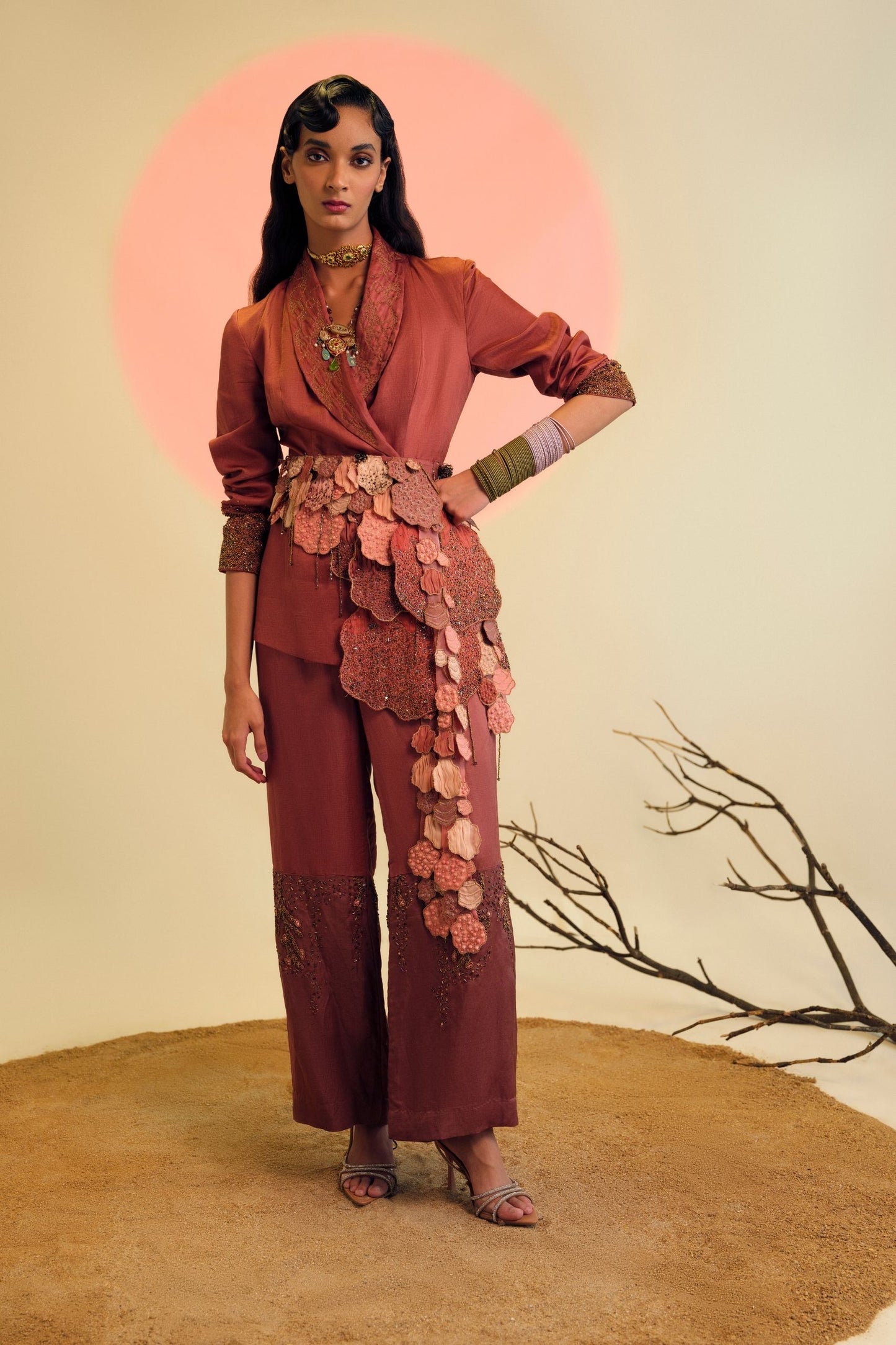 Desert Rose Embroidered Jacket & Beaded Trousers Set - Terracotta Jacket with 3D Beadwork and Matching Trousers