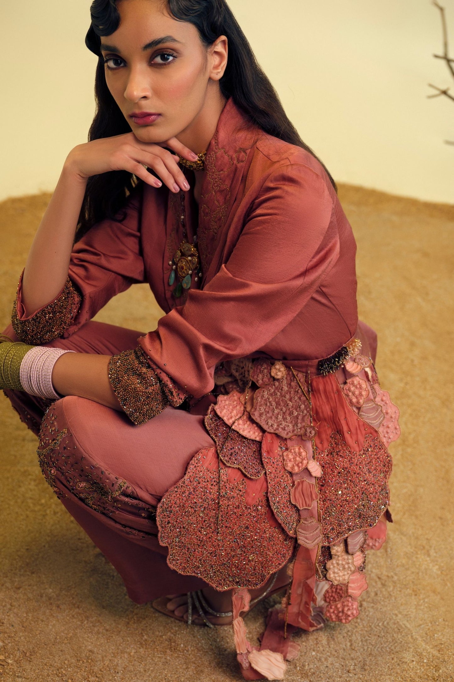 3D Beadwork and Hand-Embroidered Lapels on Desert Rose Jacket
