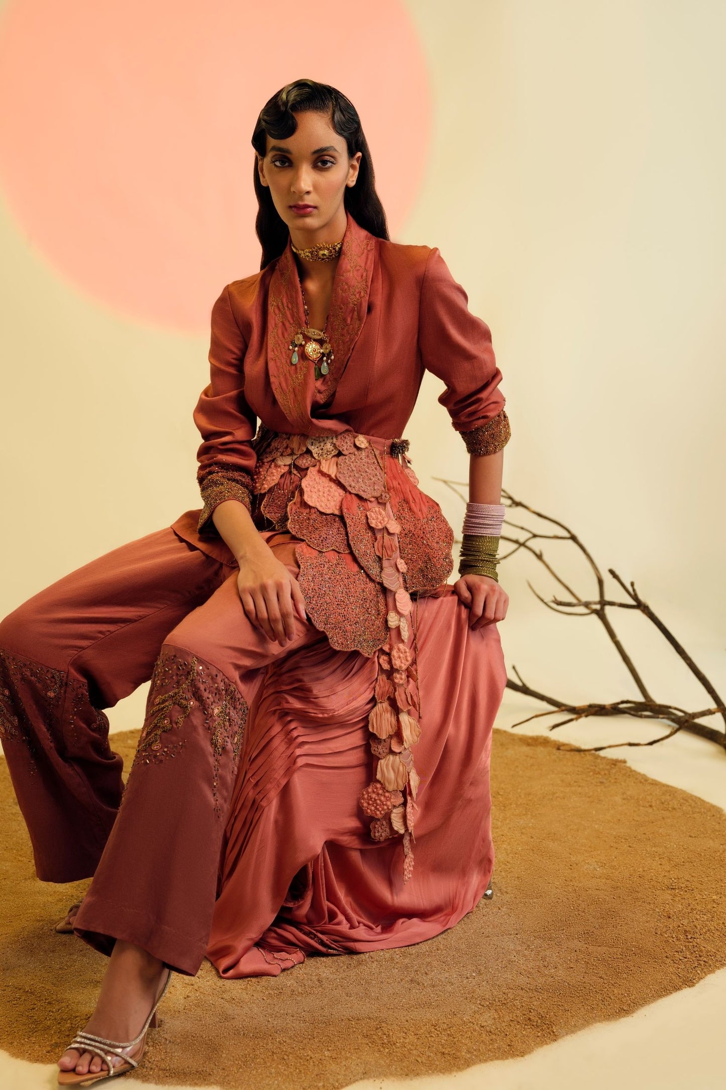 Desert Rose Embroidered Jacket & Beaded Trousers Set Worn by Model - Statement Trousers Set