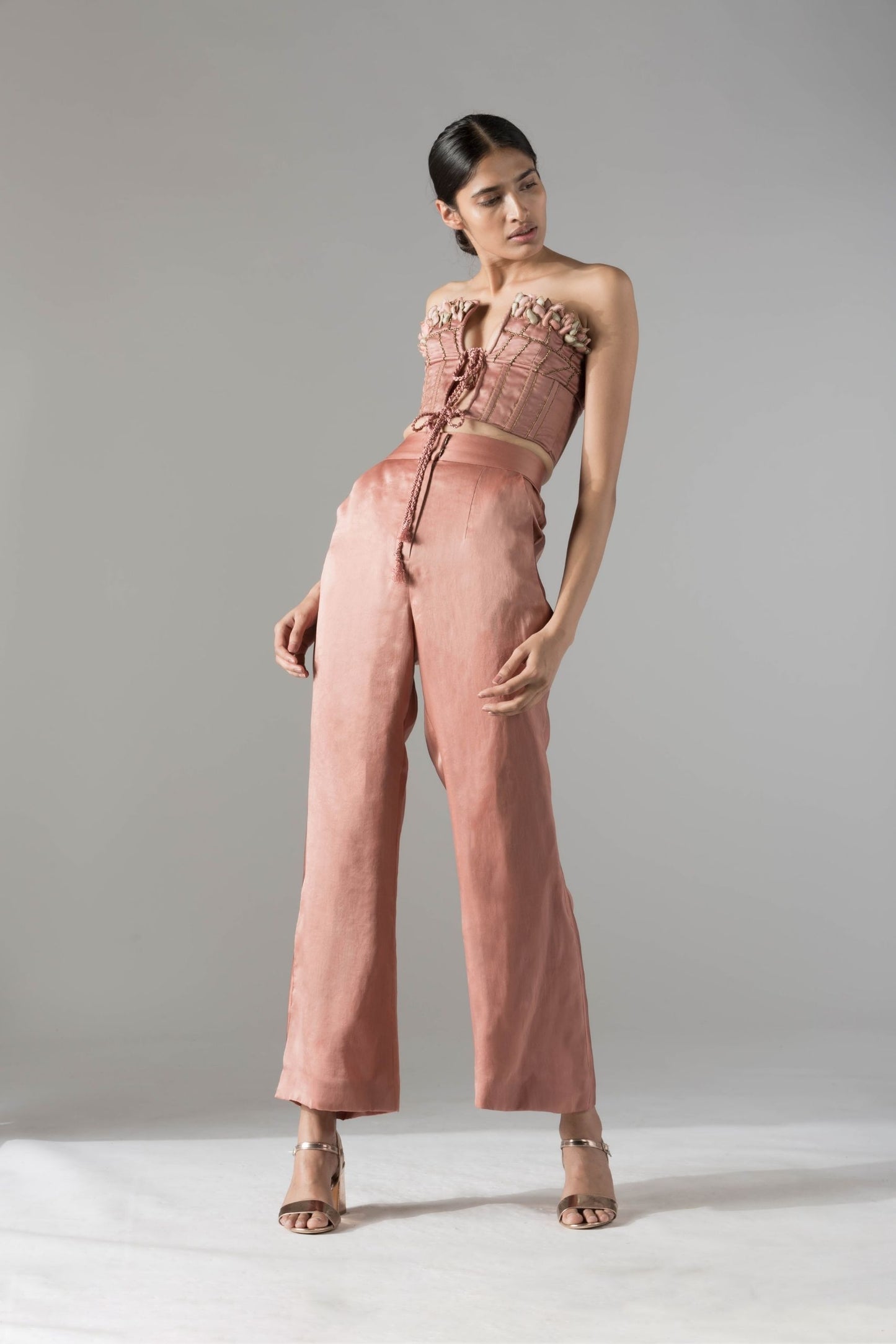 Designer Maze Scrawled top pant set for women with abstract embroidery, rope tie-ups, and high-waisted pants, offering a chic and modern look
