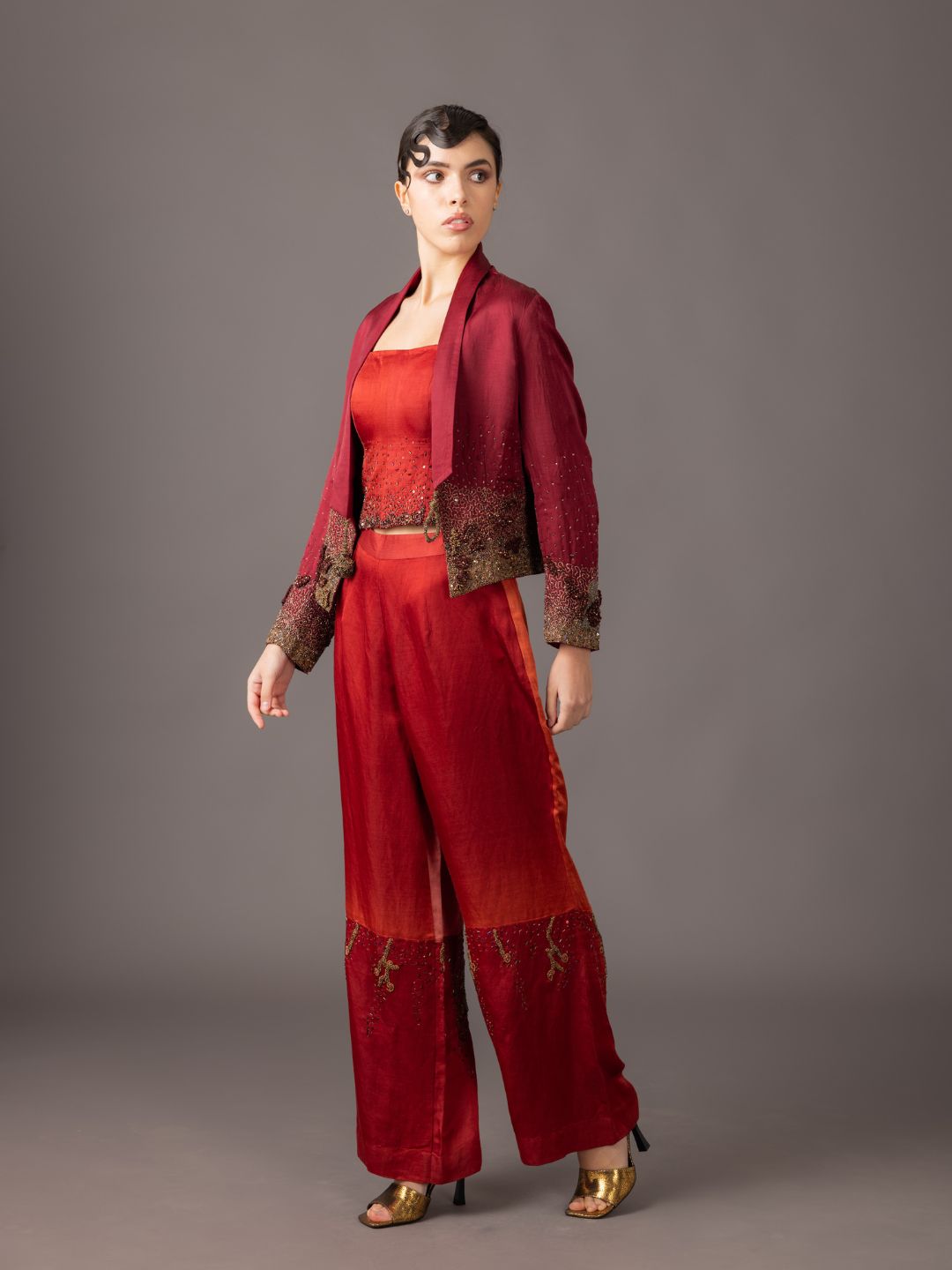 Maroon Tuxedo Jacket with 3D Hand Embroidery - Elegant Linen Satin Designer Wear