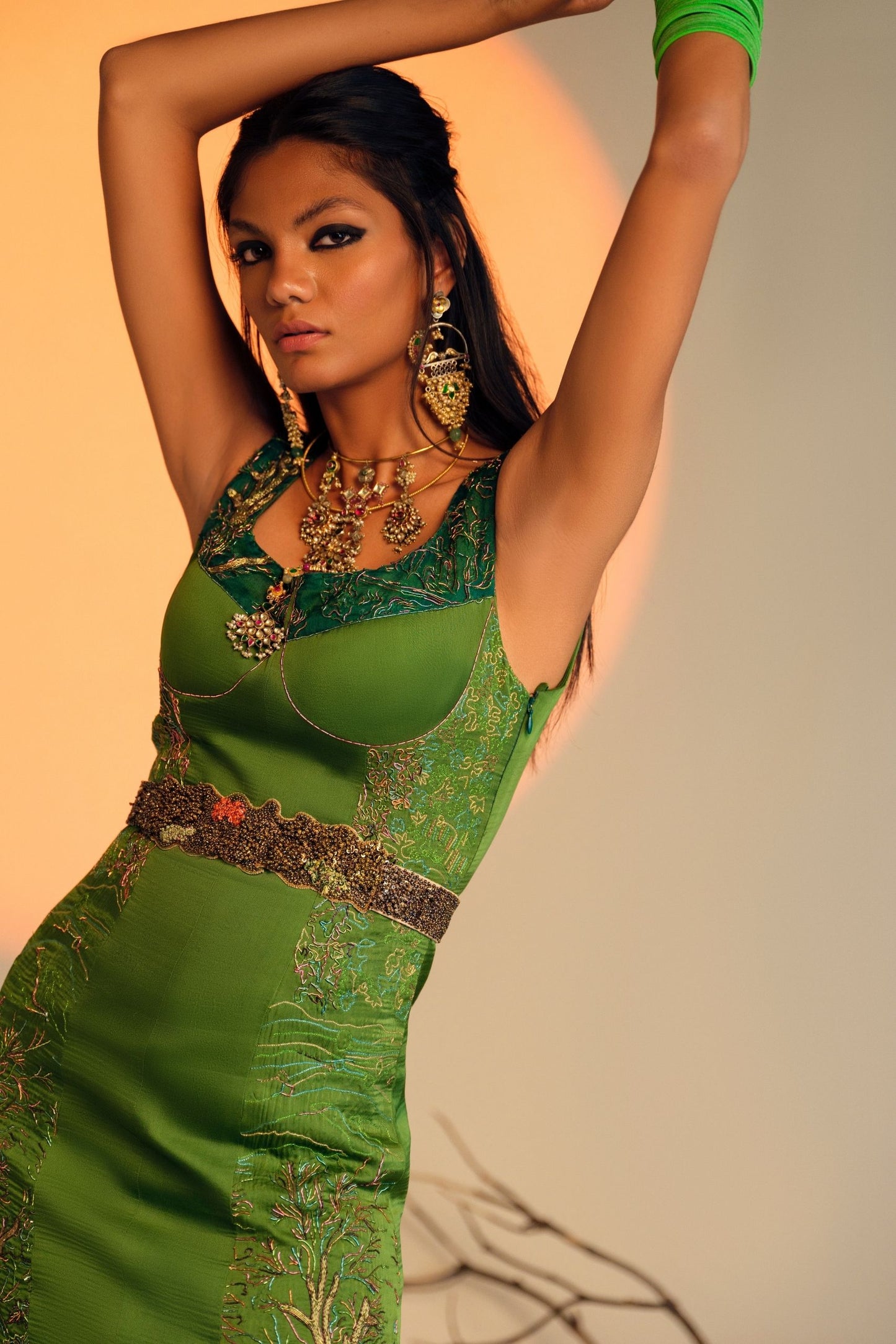 Close-up of Metallic Hand Embroidery on Jaipur Bagh Emerald Green Kurta Set