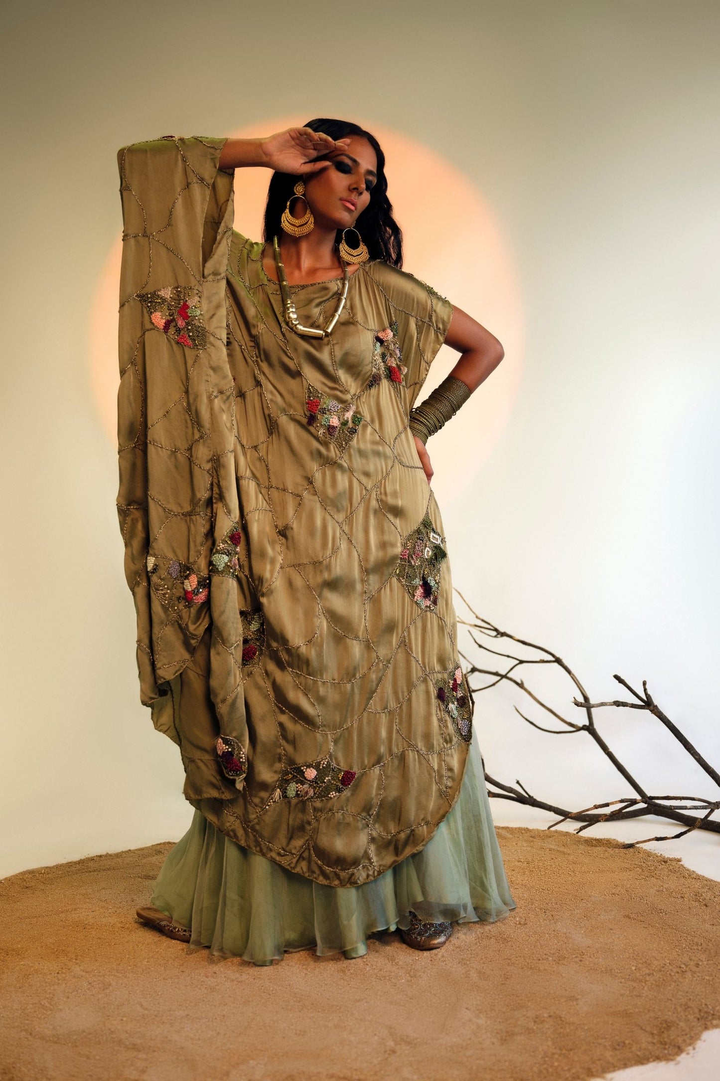 Full View of Topiary Gold Kaftan with Flared Trousers - Stylish Women's Fashion Set