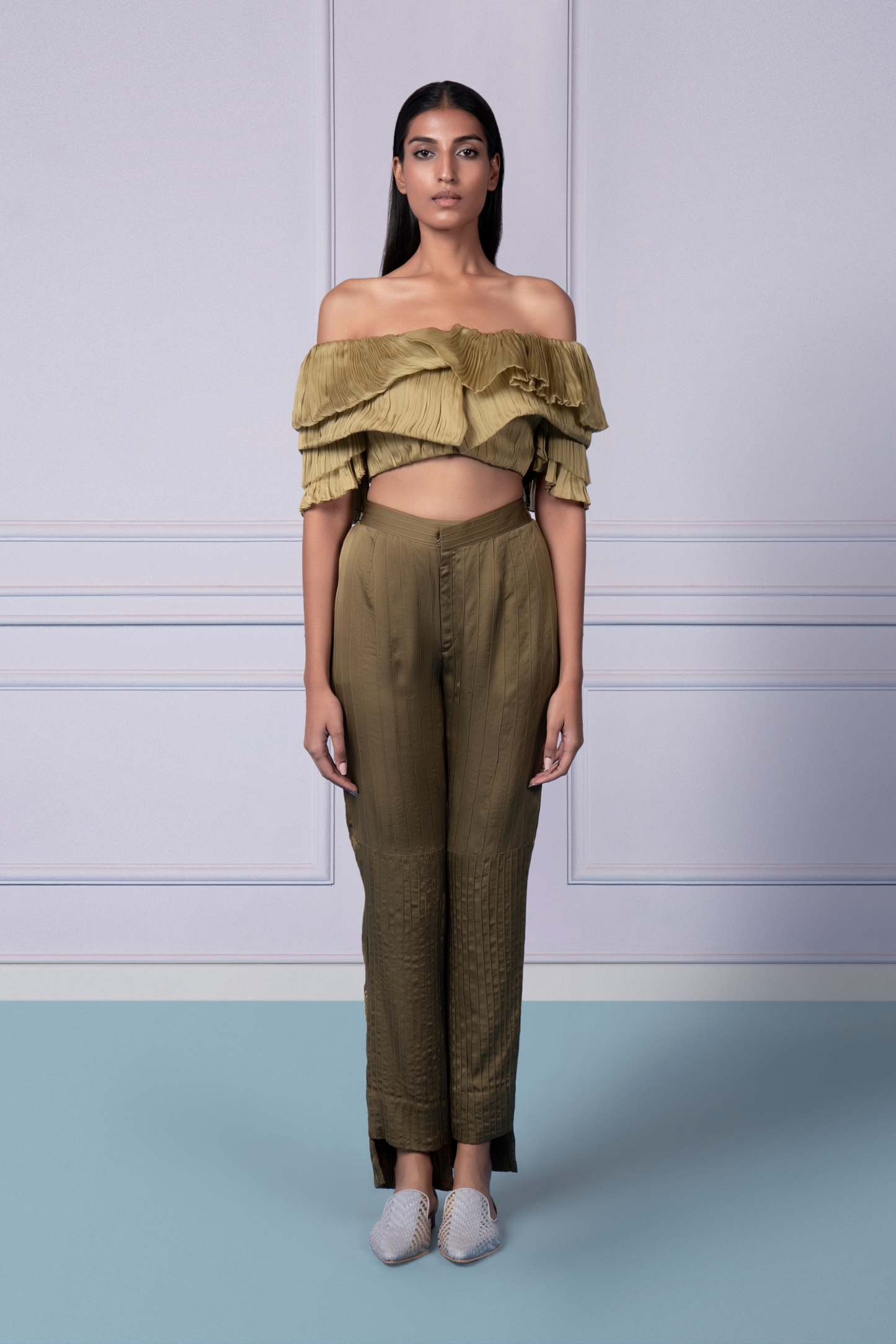 Gill Fungi off-shoulder crop top paired with pintuck pants for women, featuring a chic and playful silhouette