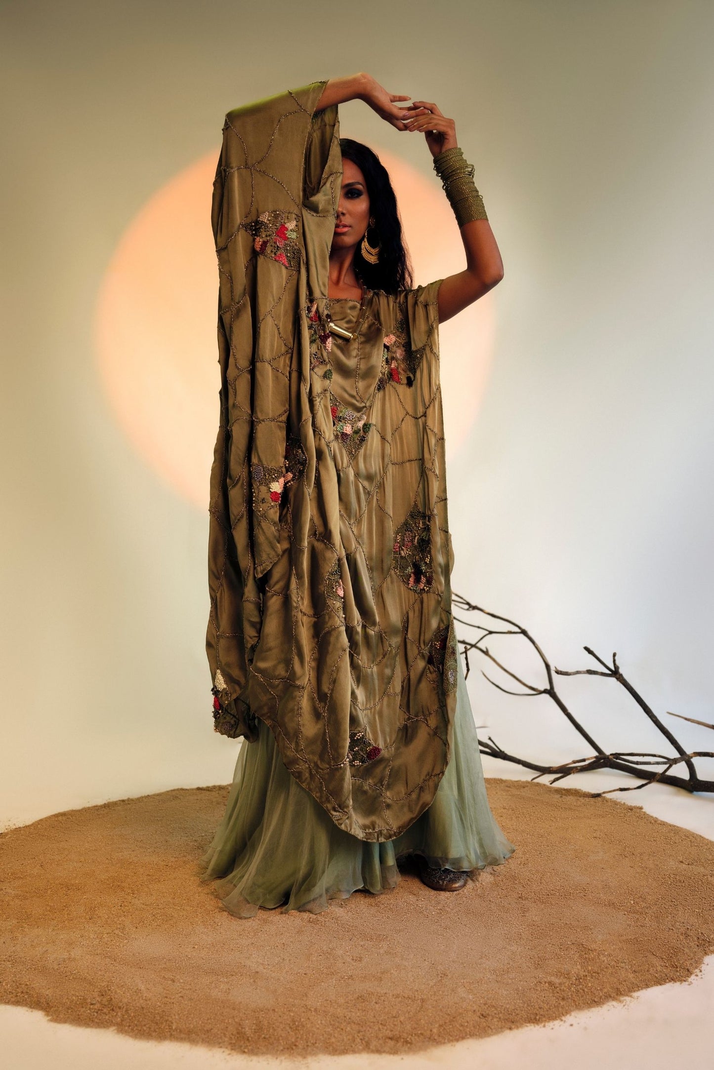 Topiary Gold Kaftan and Flared Trousers Set for Women - Jacobean Handwork Kaftan Paired with Organza-Layered Flared Trousers