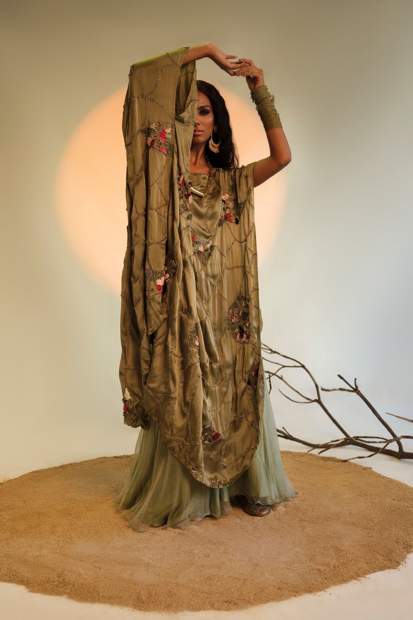 Jacobean Handwork Detailing on Topiary Gold Kaftan